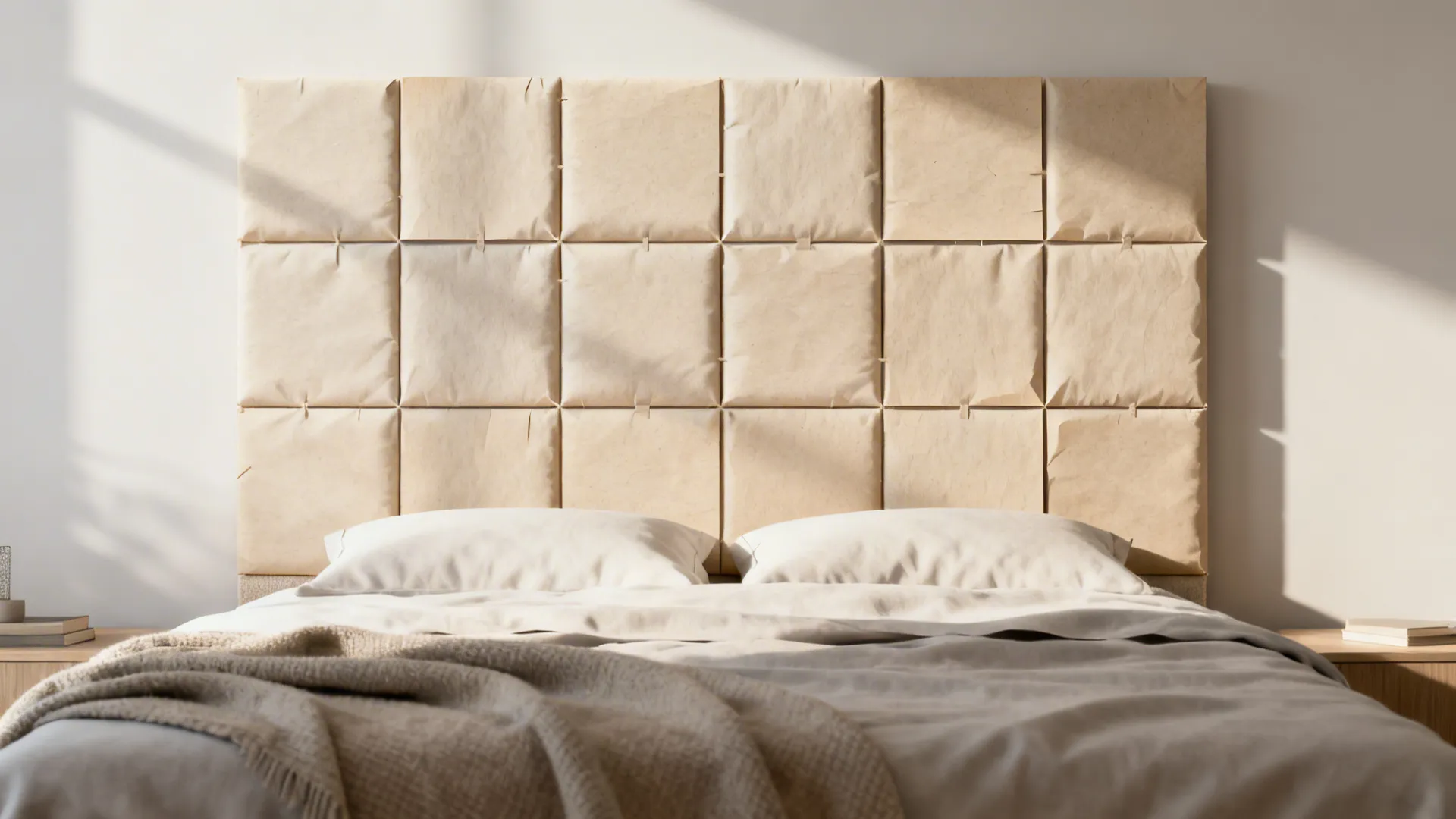 Bedroom with a grid of textured paper panels forming a soft, quilted headboard in neutral tones.