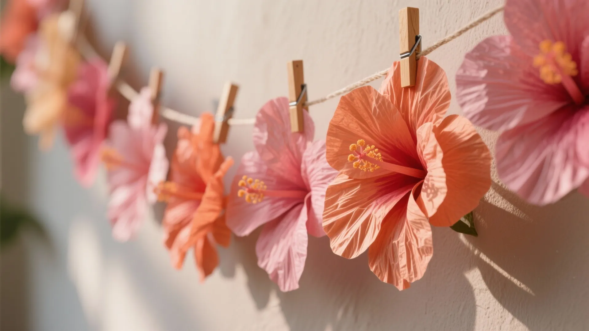 Close-up of oversized crepe paper hibiscus garland with vivid coral petals and visible paper texture on a shaded wall.