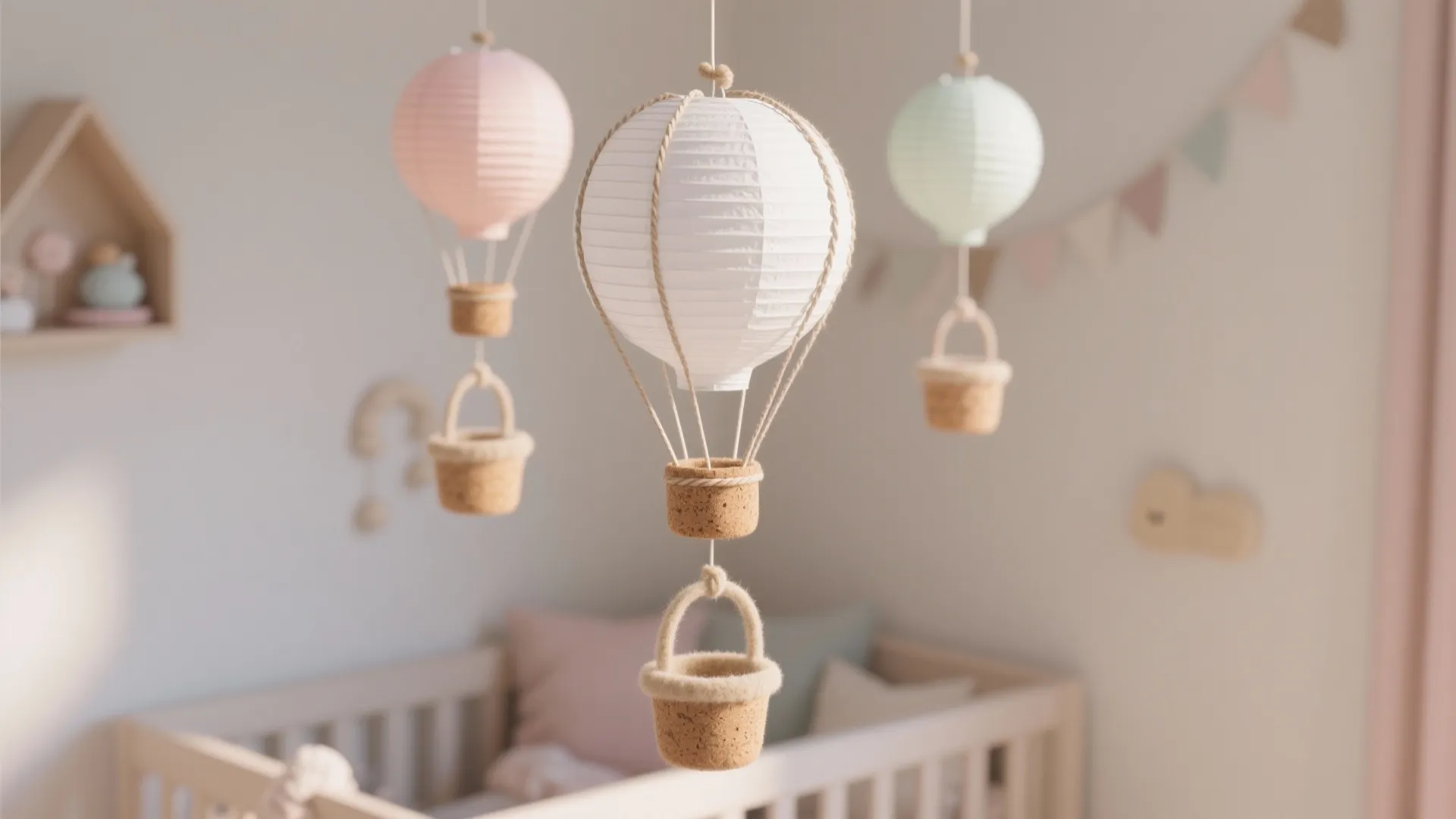 Hanging hot air balloon paper lanterns in a baby nursery with crib and soft lighting