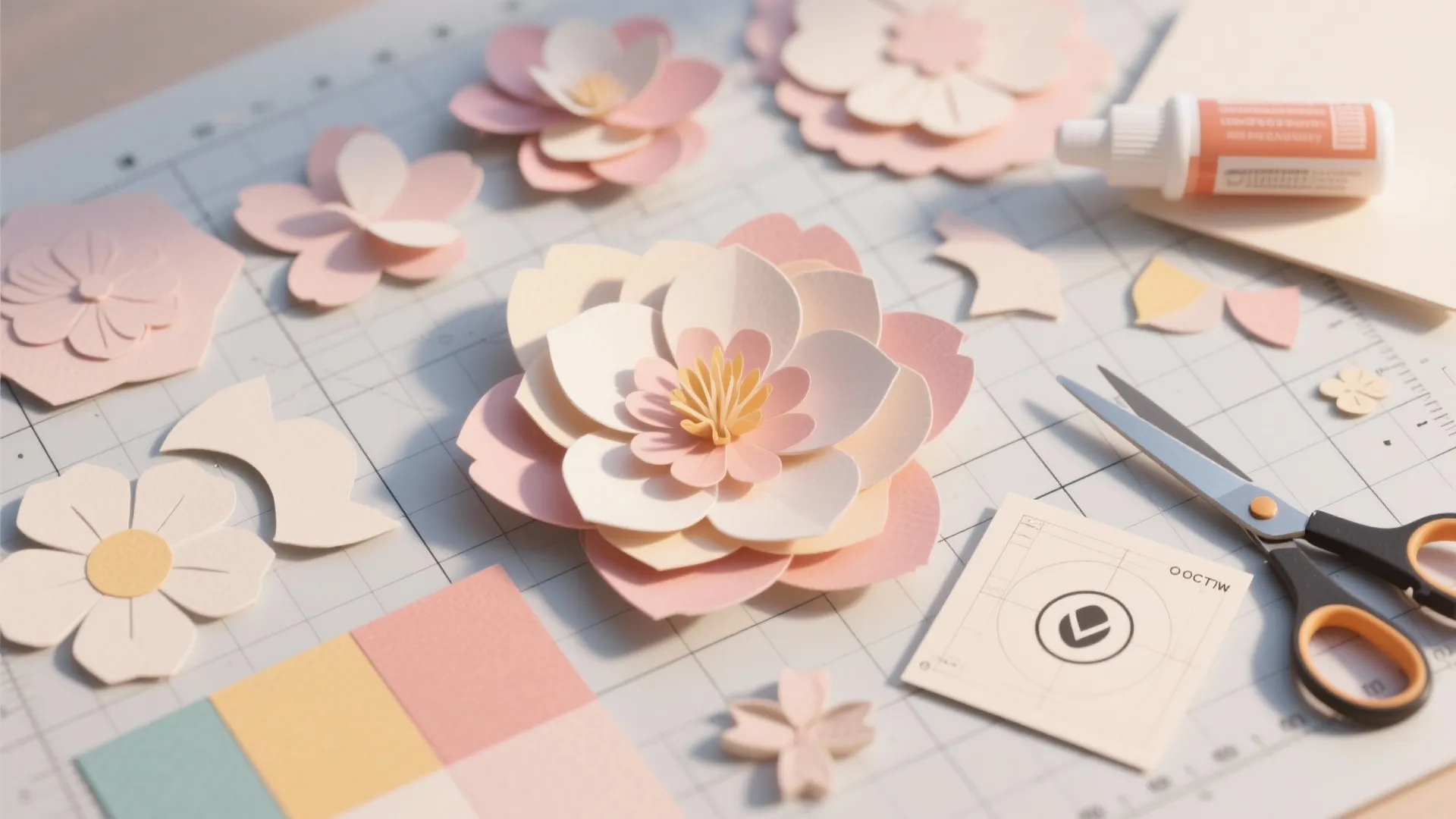 Handmade paper flowers lying on a grid cutting mat beside scissors glue and colorful materials