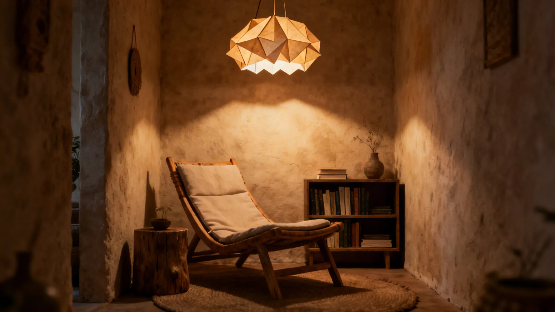 Cozy reading corner with a wooden chair paper ceiling light small bookshelf and stone walls