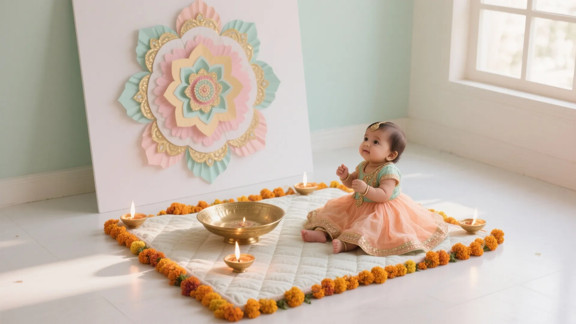 Tip 1: Paper Rangoli Backdrop + Plush Ground