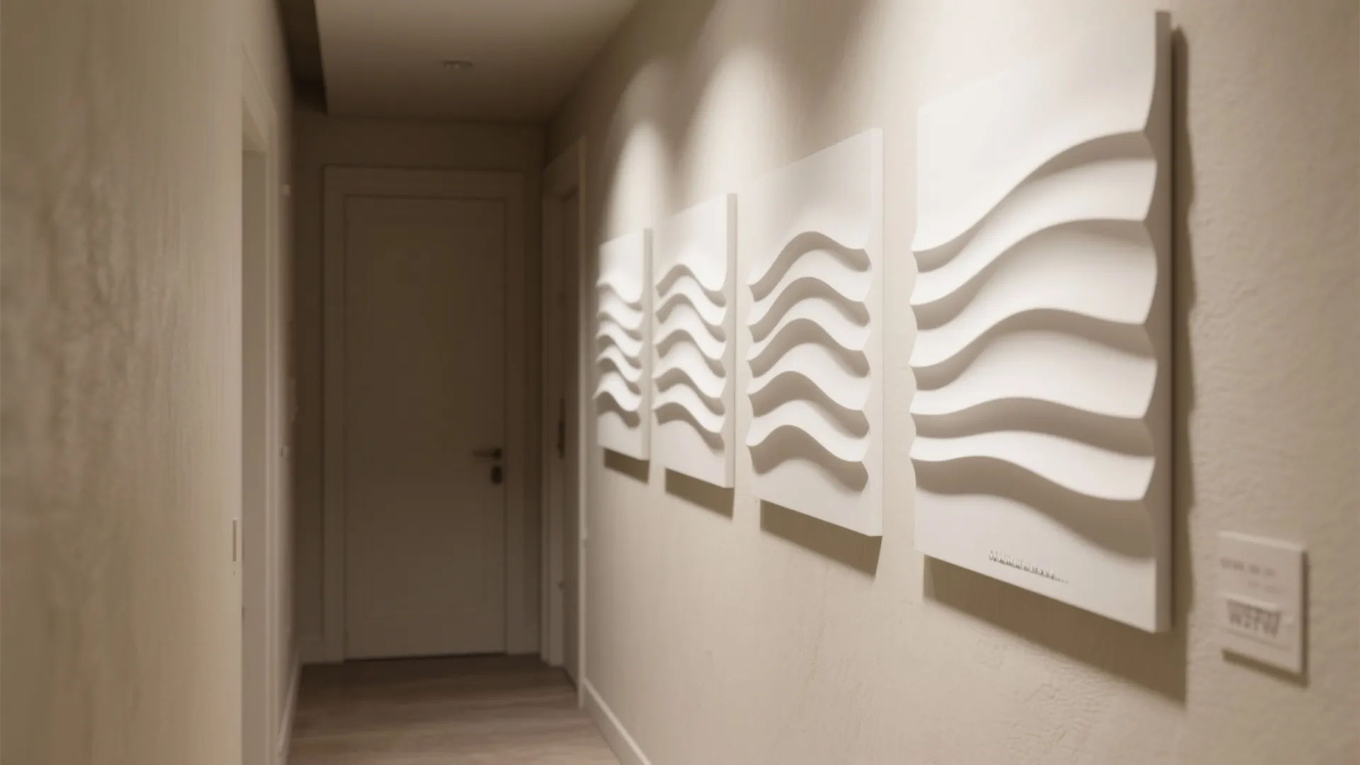 Modern hallway with four white wavy wall panels under warm lights and a closed door