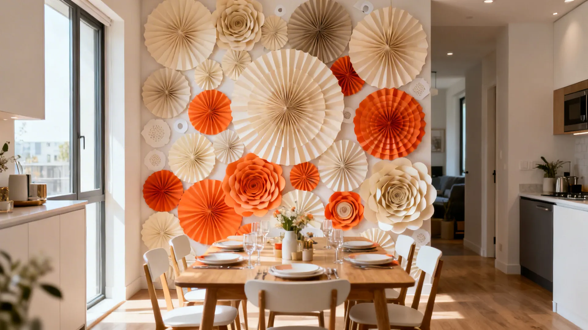 Dining nook with a layered paper rosette backdrop in neutral and accent tones.