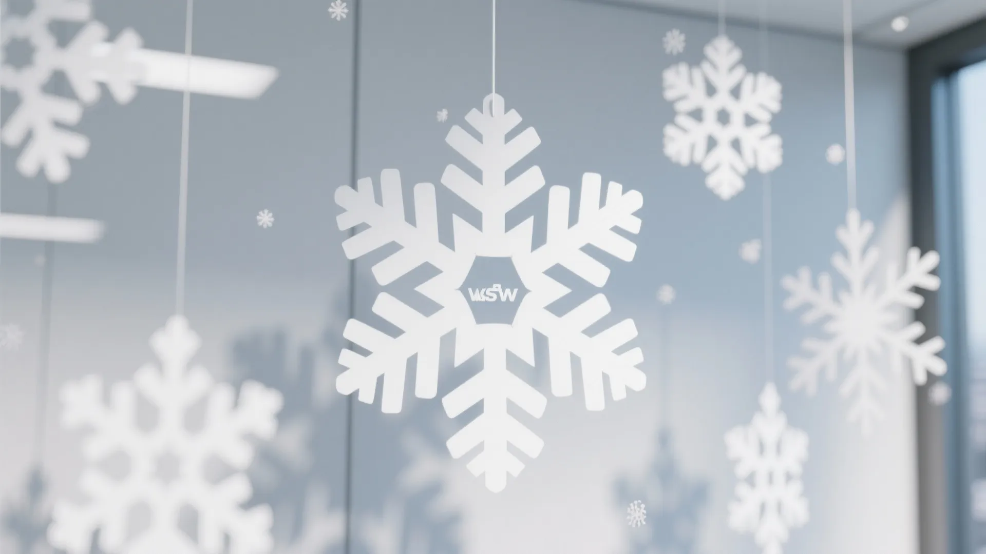 Large white paper snowflakes hanging from the ceiling in front of a bright office room