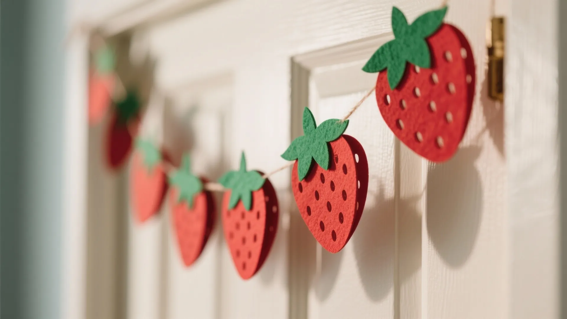 Handmade red felt strawberry garland hanging on a white wooden door for a themed party