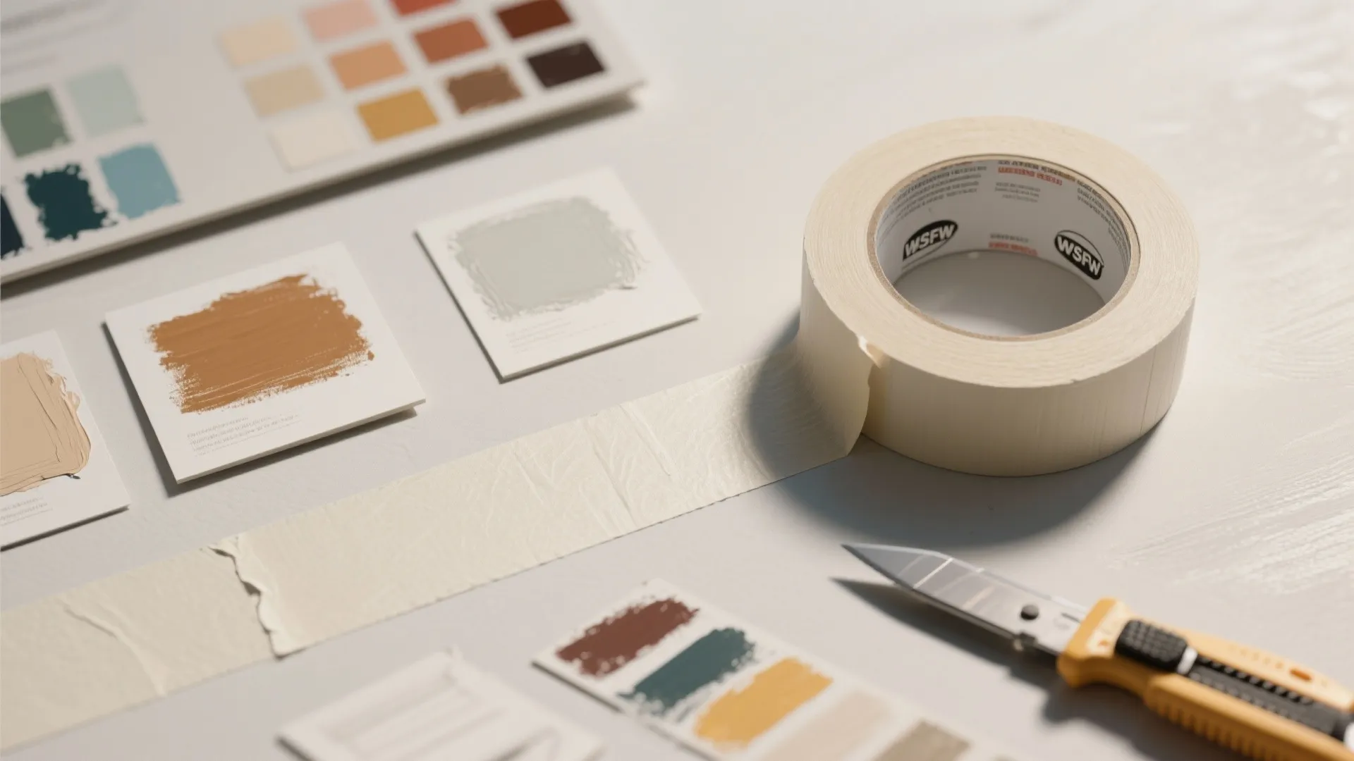 Masking tape roll with color swatches and a utility knife on a white table surface