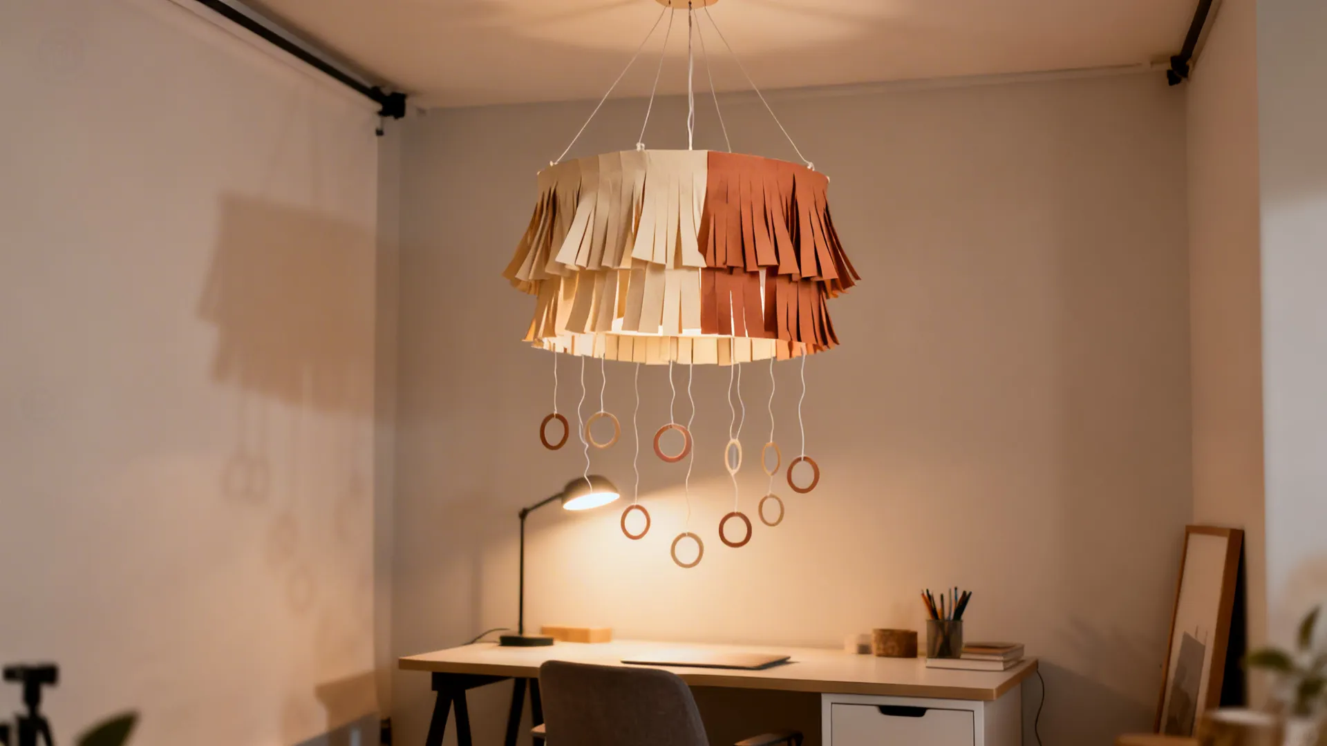Corner vignette with a warm-toned paper tassel chandelier above a desk.