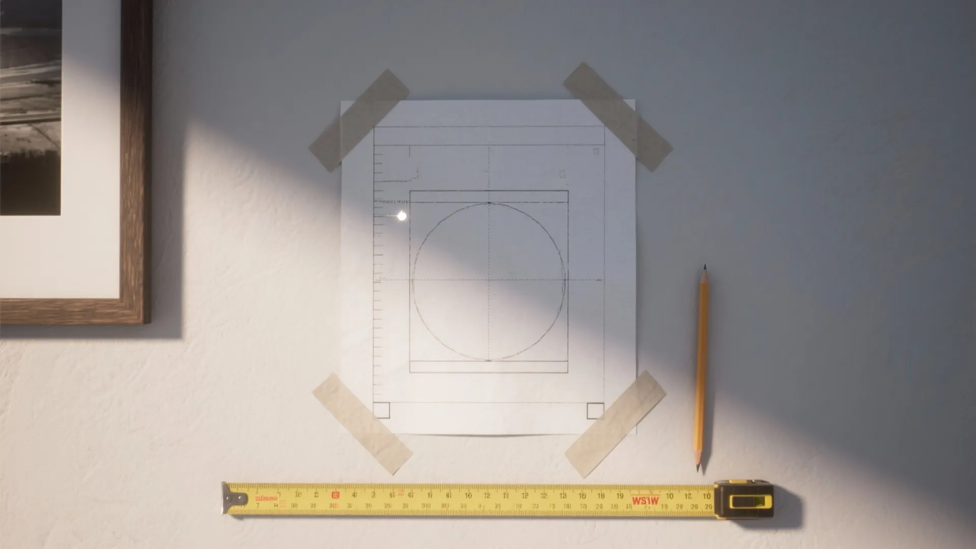 Interior design drawing taped to a wall with a yellow measuring tape and a pencil