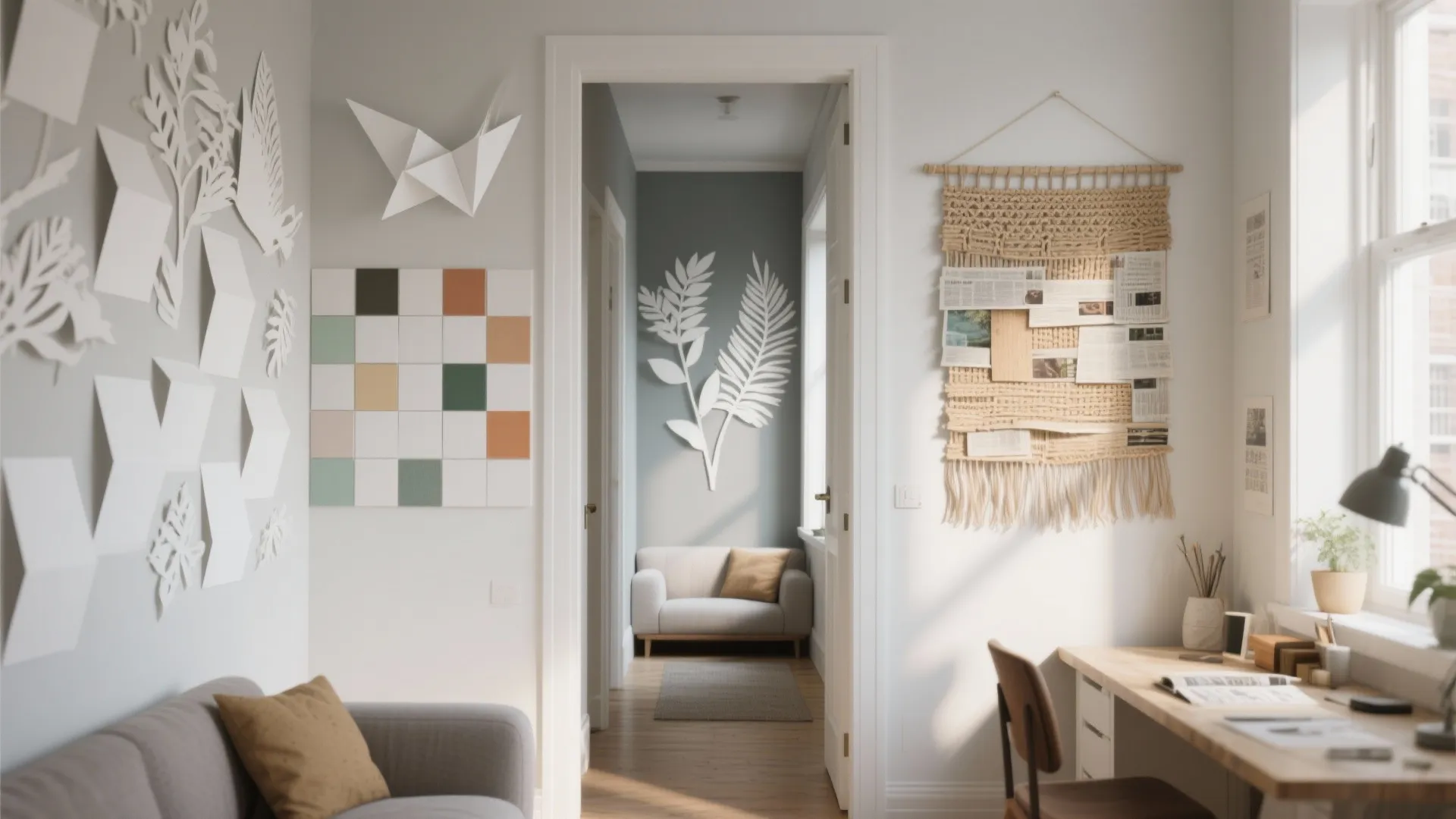 Bright home office with wooden desk and various creative white paper decorations on the walls