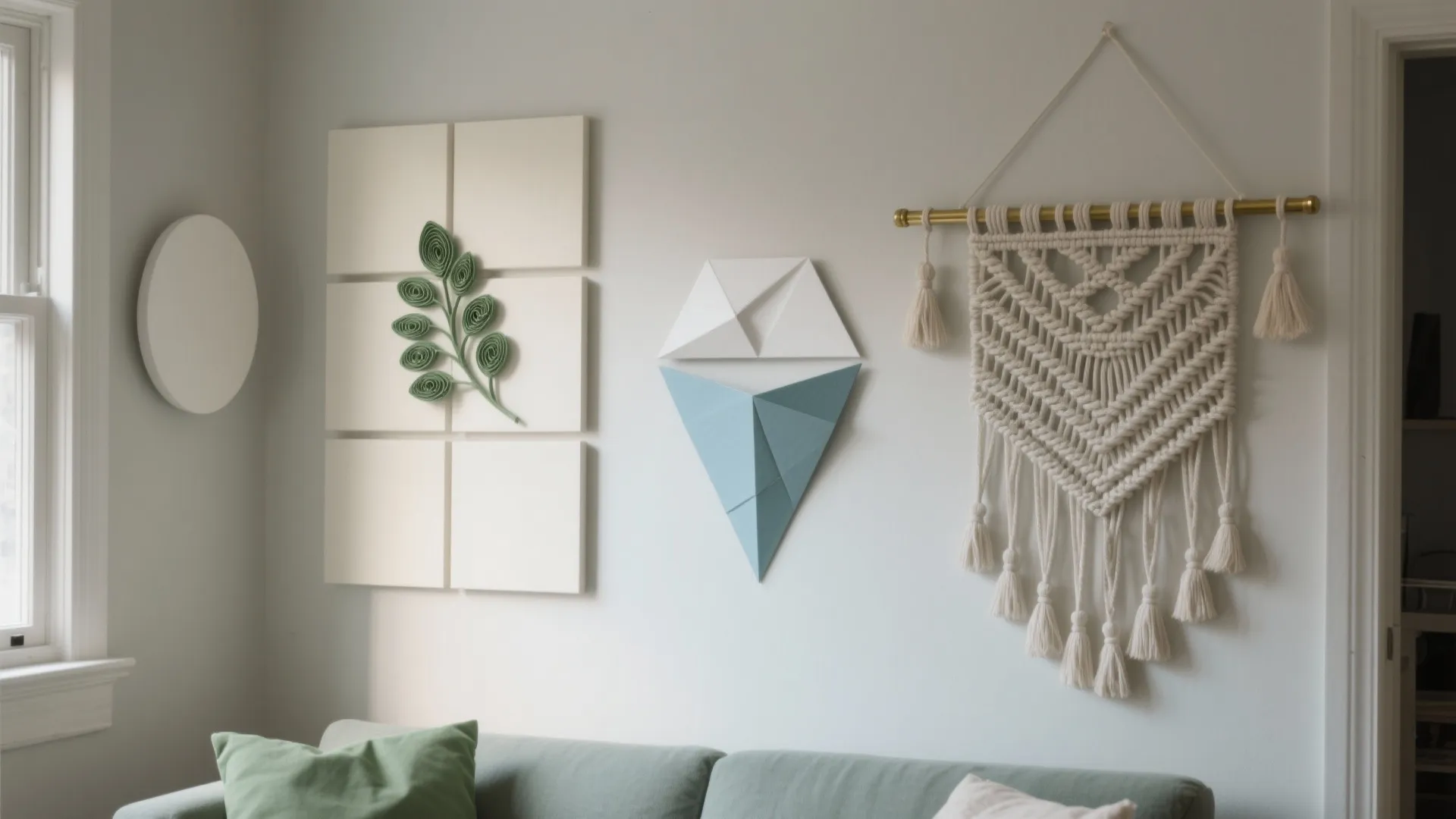 White wall decorated with green leaf art paper crafts and a cream woven wall hanging