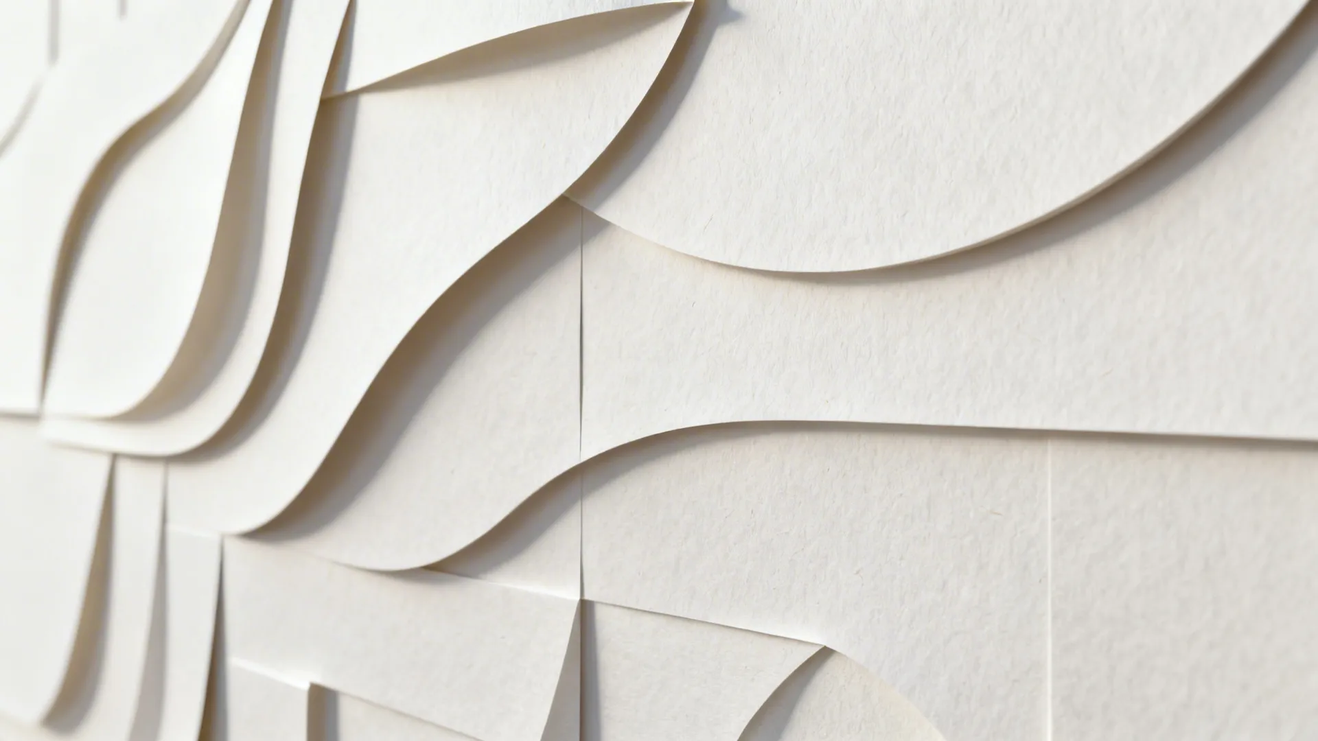 Close-up of tonal white layered paper relief with shallow frame and soft daylight shadows.