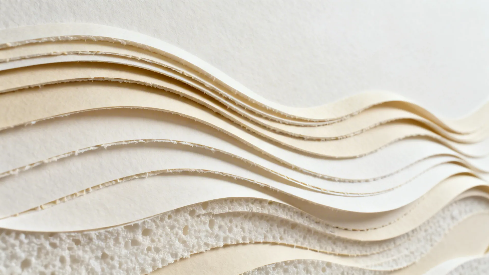 Close-up of curved matte paper layers with smooth seams and soft shadows.