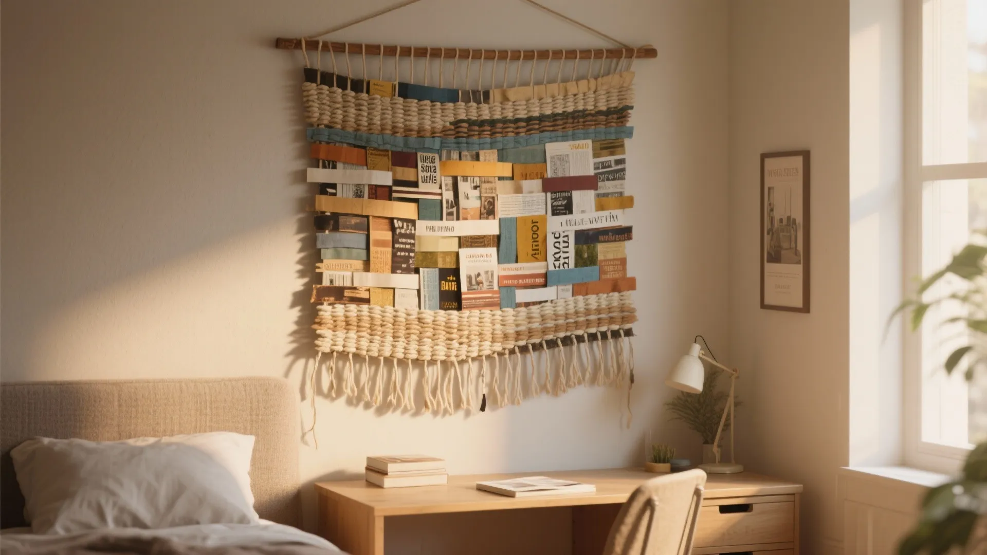 Colorful woven wall hanging above a wooden desk with a lamp in a bright bedroom