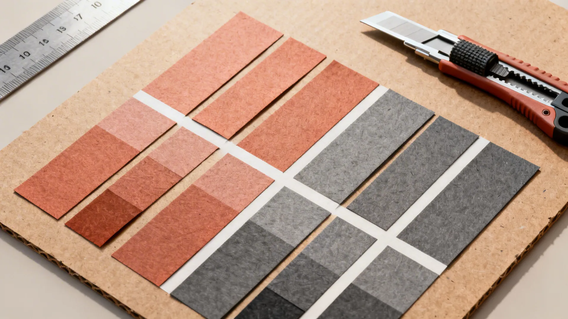 Top-down flatlay of terracotta and slate paper strips with tools for color-block weaving.
