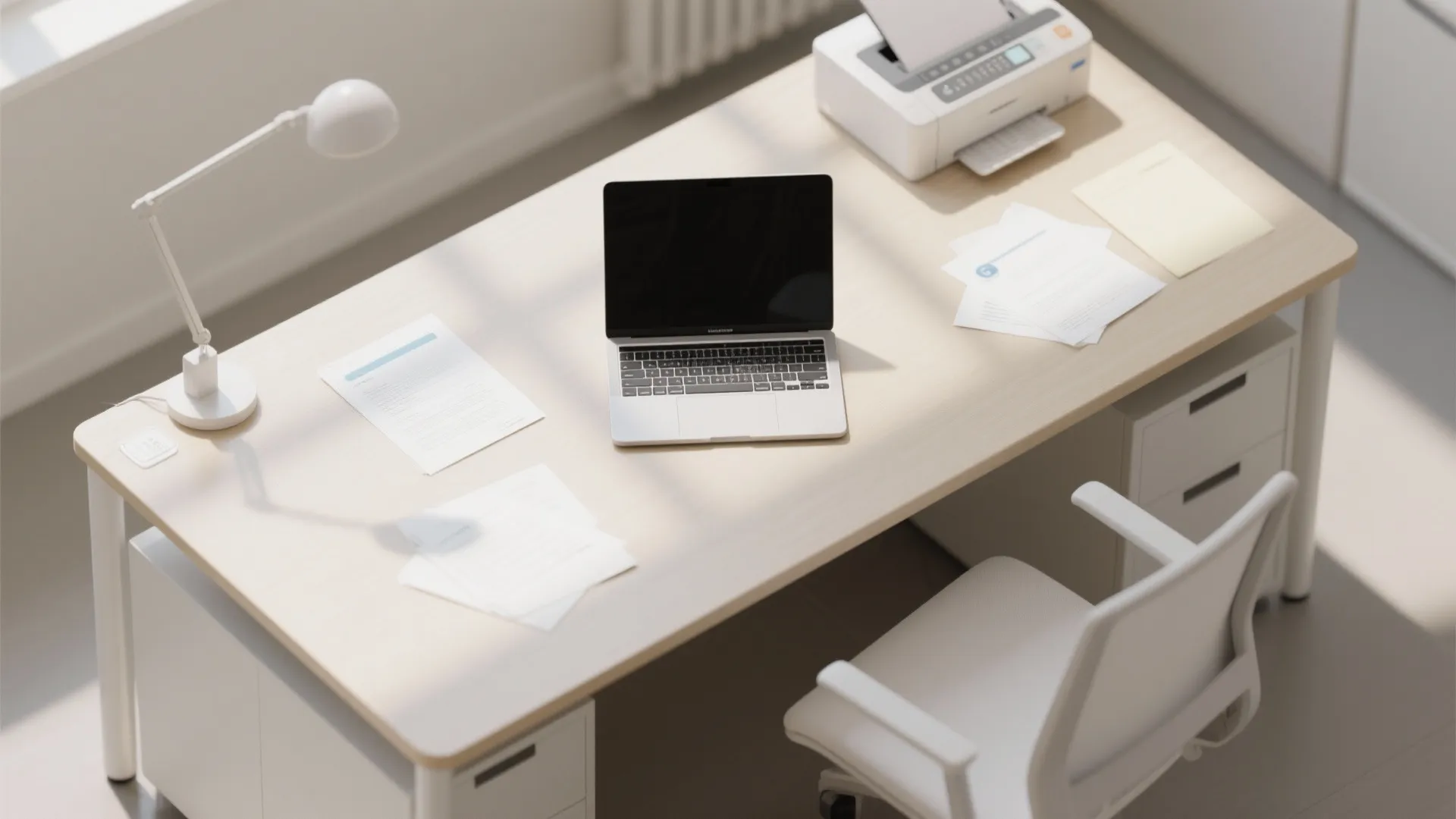 Top-down view of a paperless minimalist office desk setup