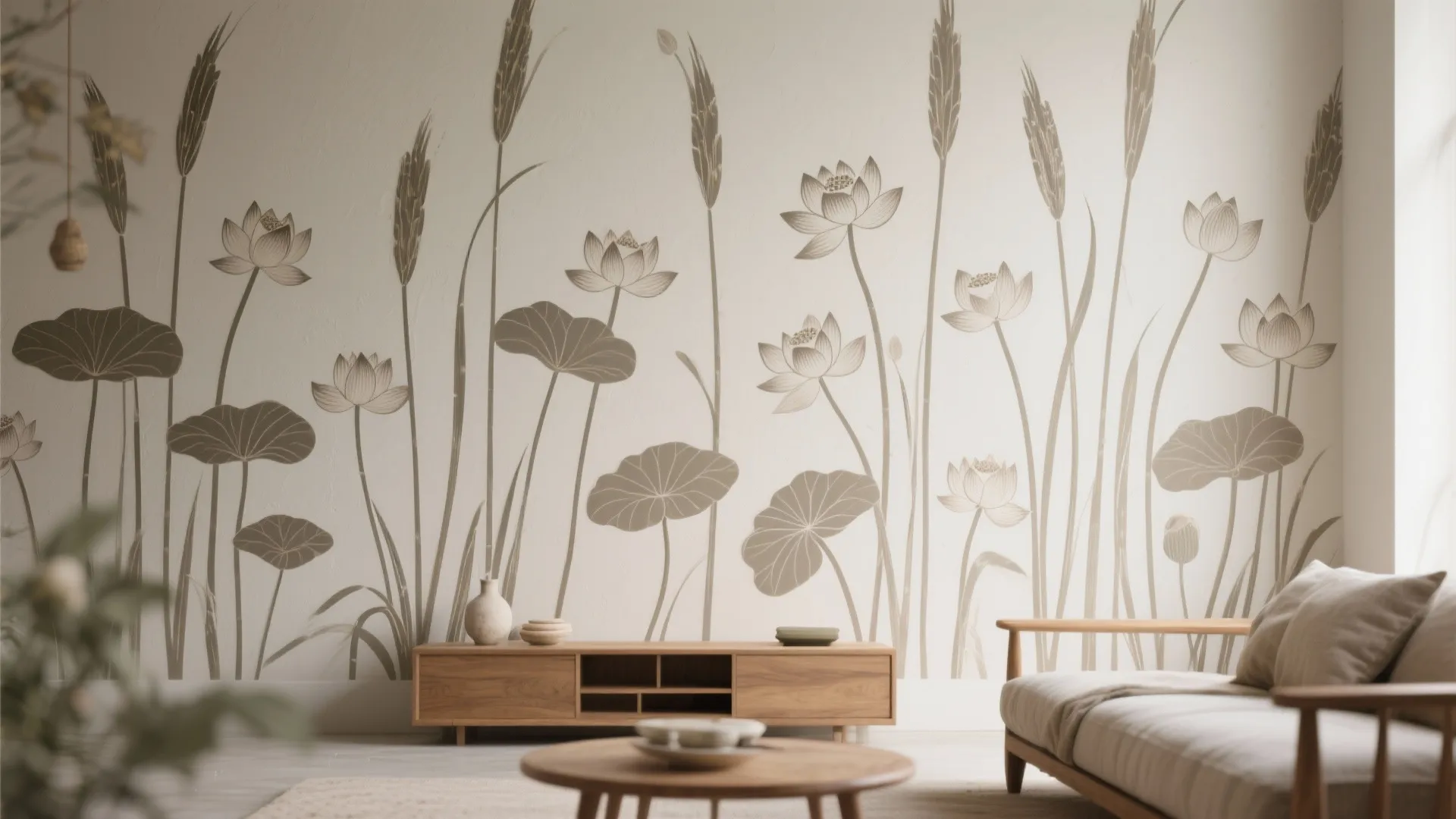 Muted papyrus stems and lotus blossom accent wall in soft earthy tones with visible paint texture.