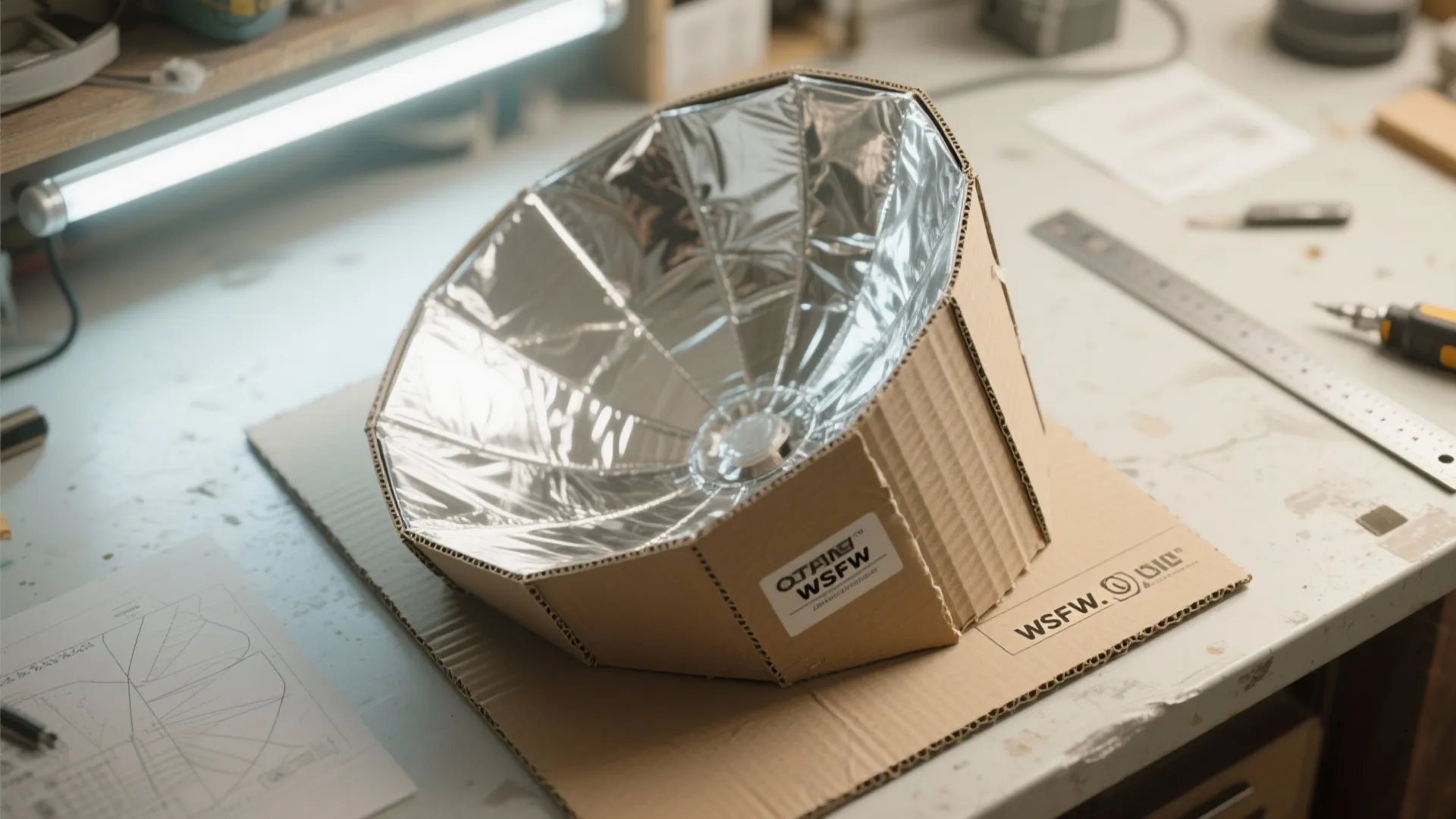 Top-down view of a folded parabolic reflector prototype made of cardboard and aluminum foil on a workbench.