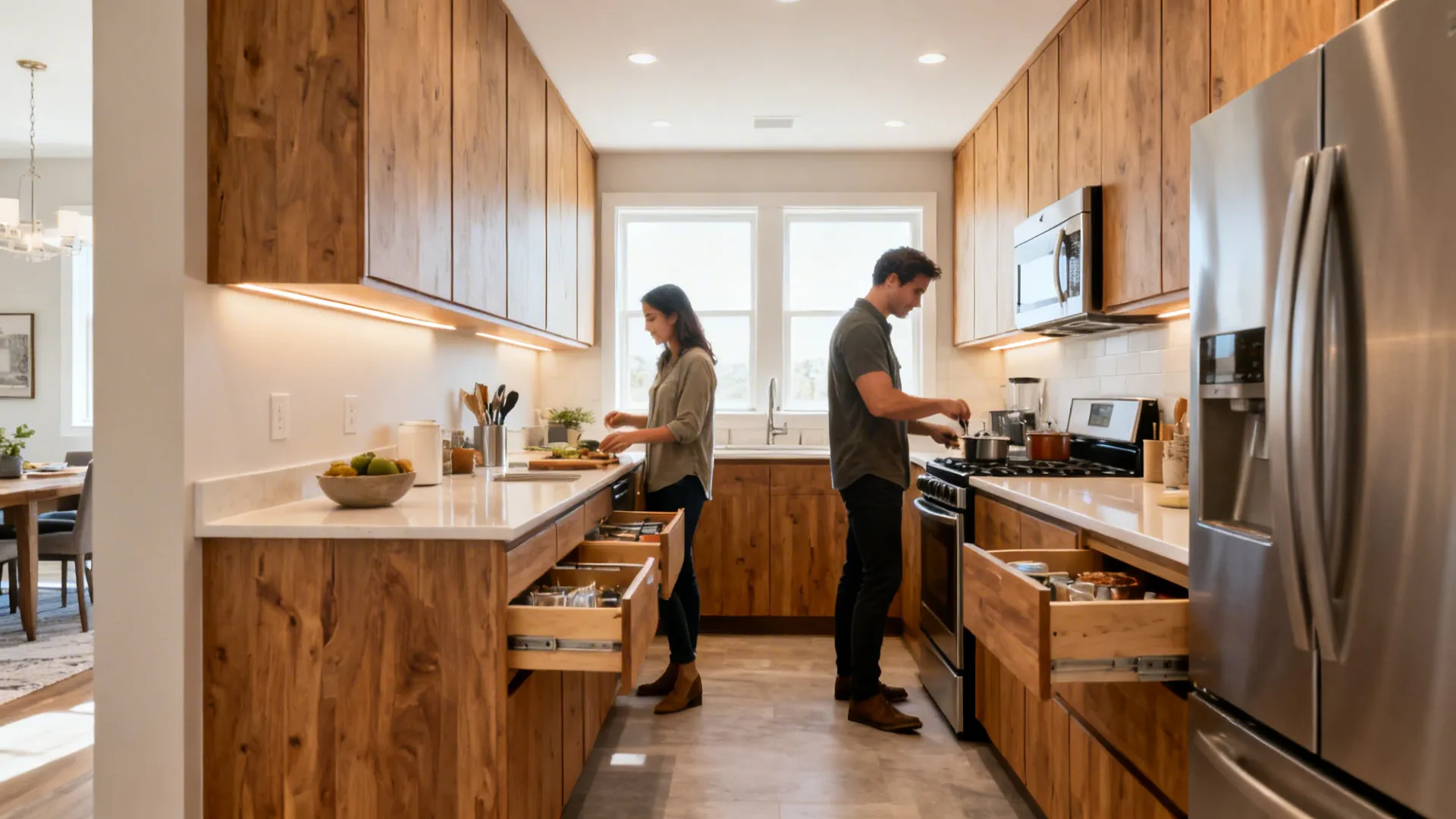 Compact U-shaped show home kitchen with integrated panels, clear 42-inch aisle, and layered lighting.