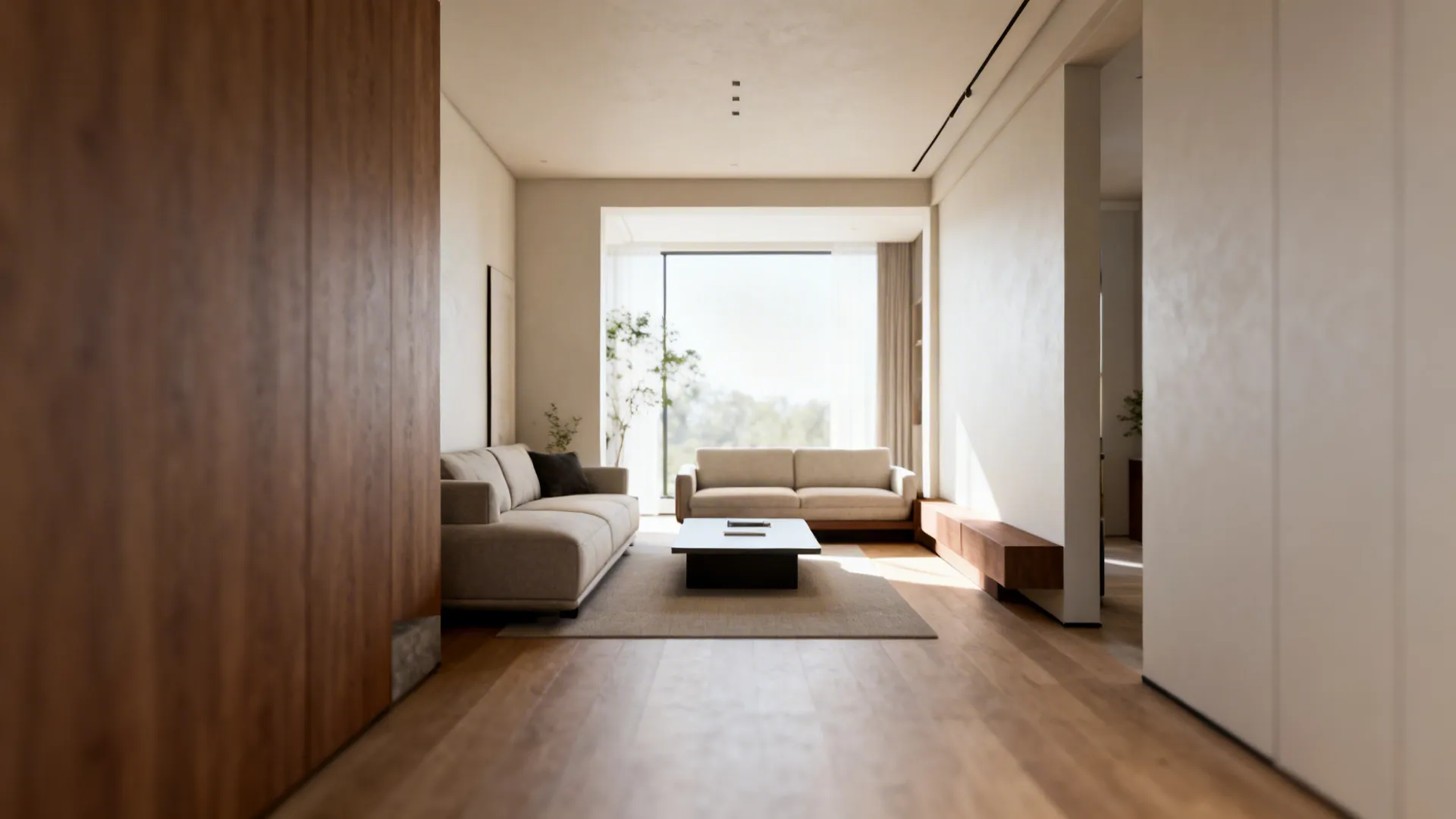 Sofa and loveseat placed parallel against opposite walls with a clear central pathway.