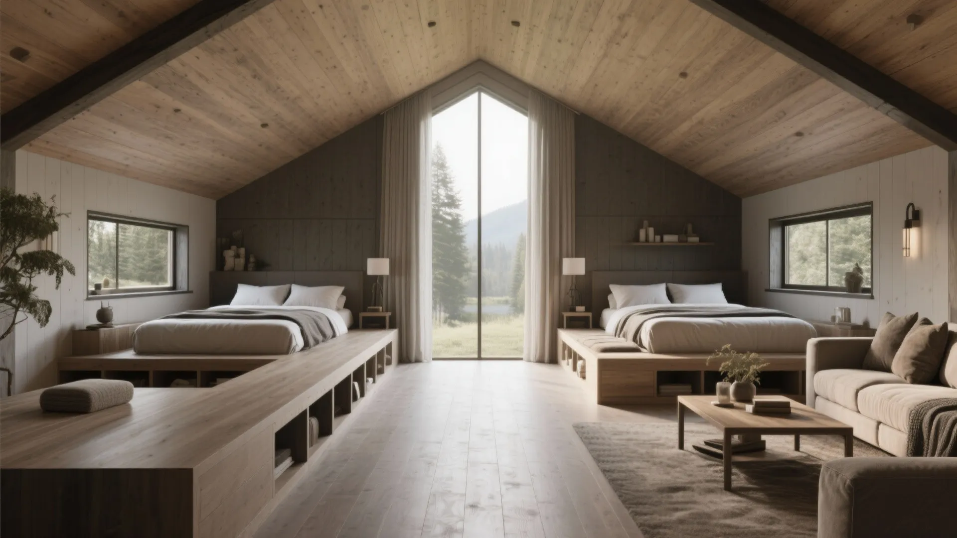 Rectangular cabin interior showing parallel bedrooms separated by a central living area with bench storage.