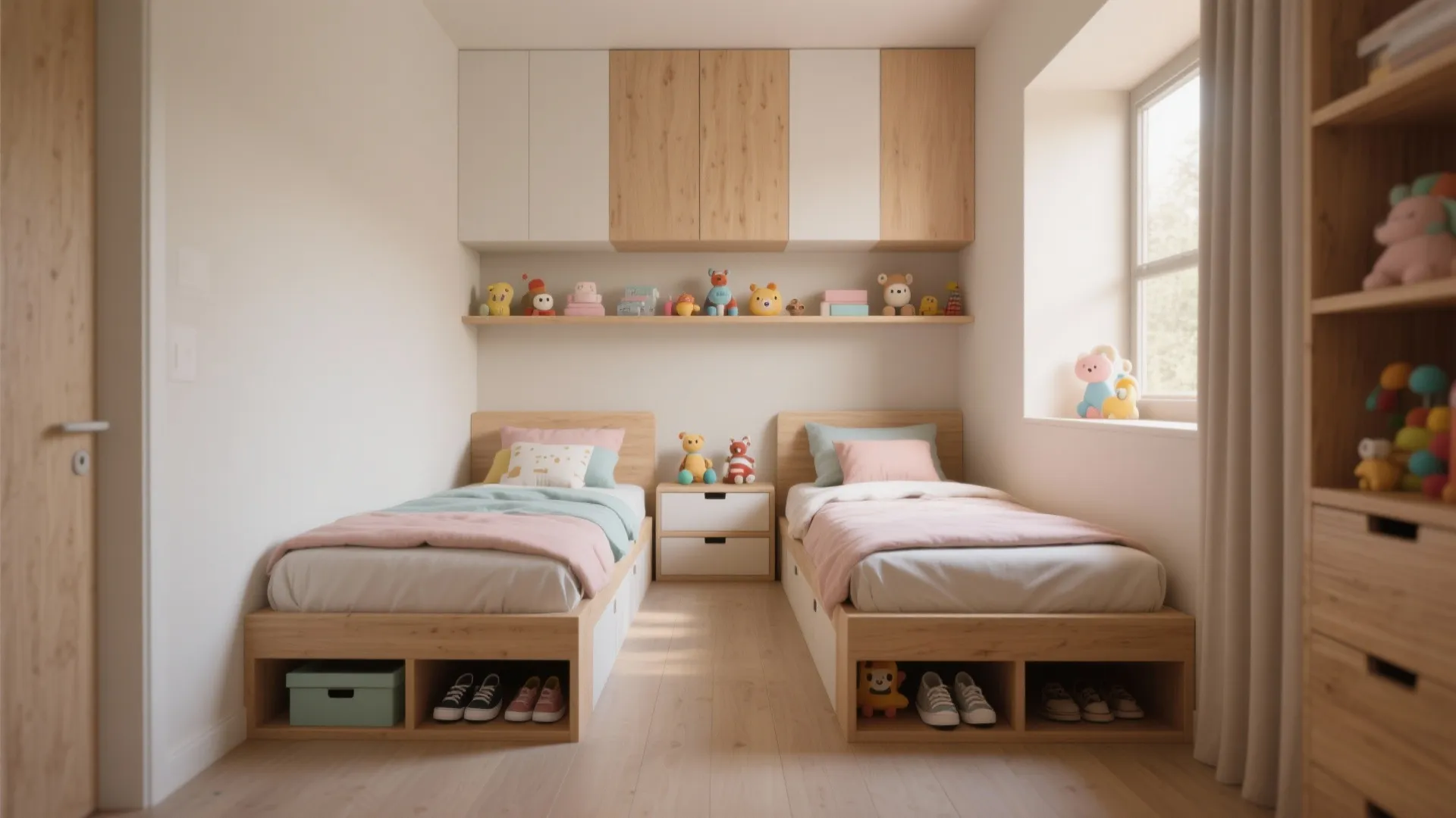 Two parallel single wooden beds with pink blankets and colorful toys on a shelf above