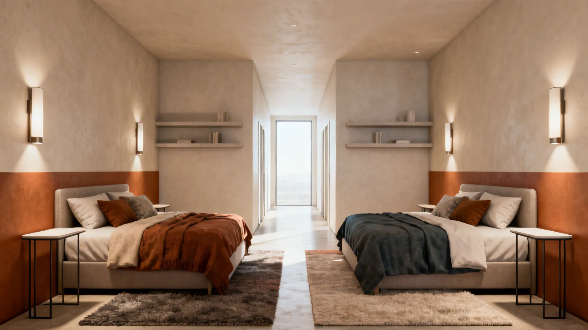 Narrow bedroom with twin beds on opposite walls and a clear central corridor