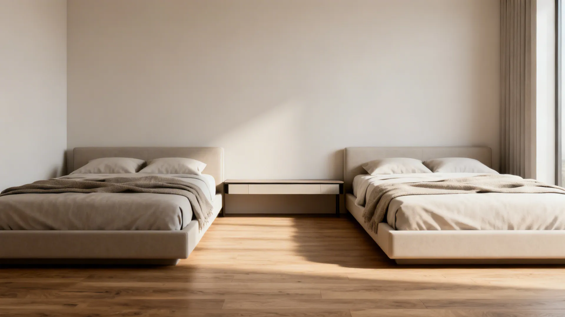 Two queen beds parallel along opposite walls with a slim shared nightstand and clear central circulation.