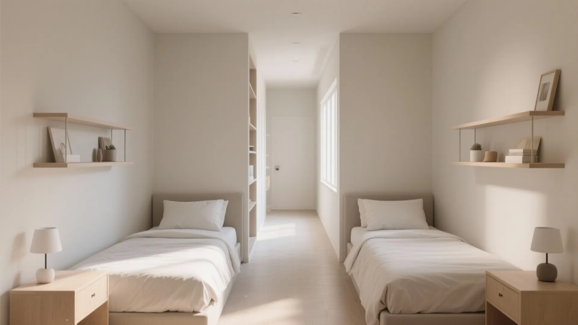 Minimalist bedroom layout with parallel single beds wooden shelves and a bright central walking path