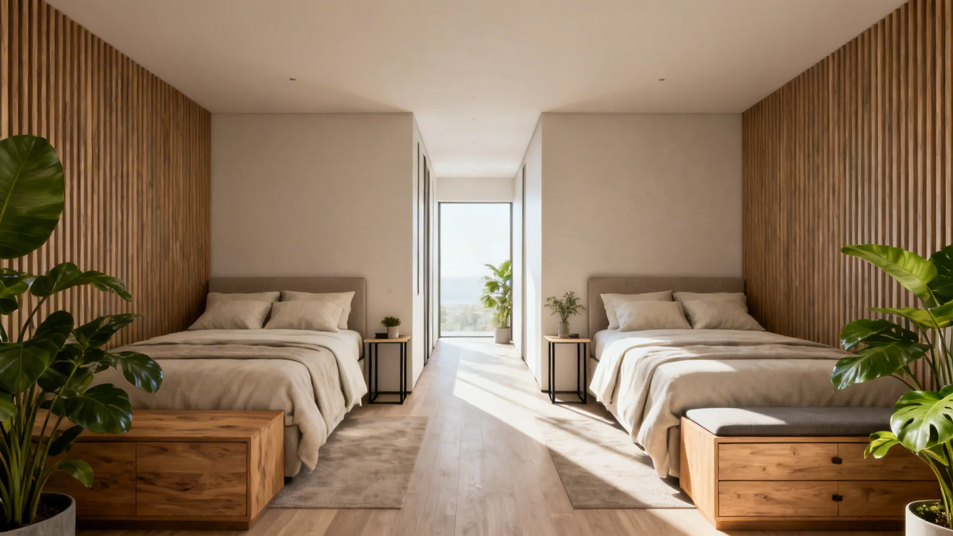 Narrow bedroom with two parallel twin beds and a slim shared nightstand between them