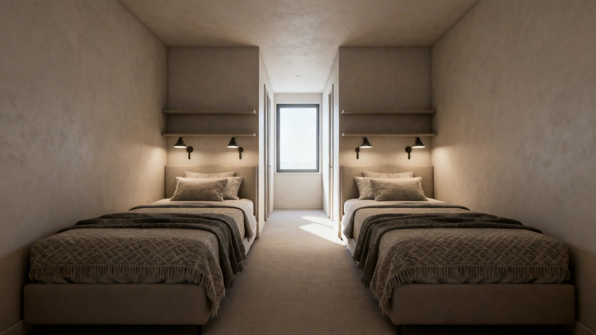 Long narrow room with two twin beds parallel to the wall and a center aisle with wall-mounted lighting