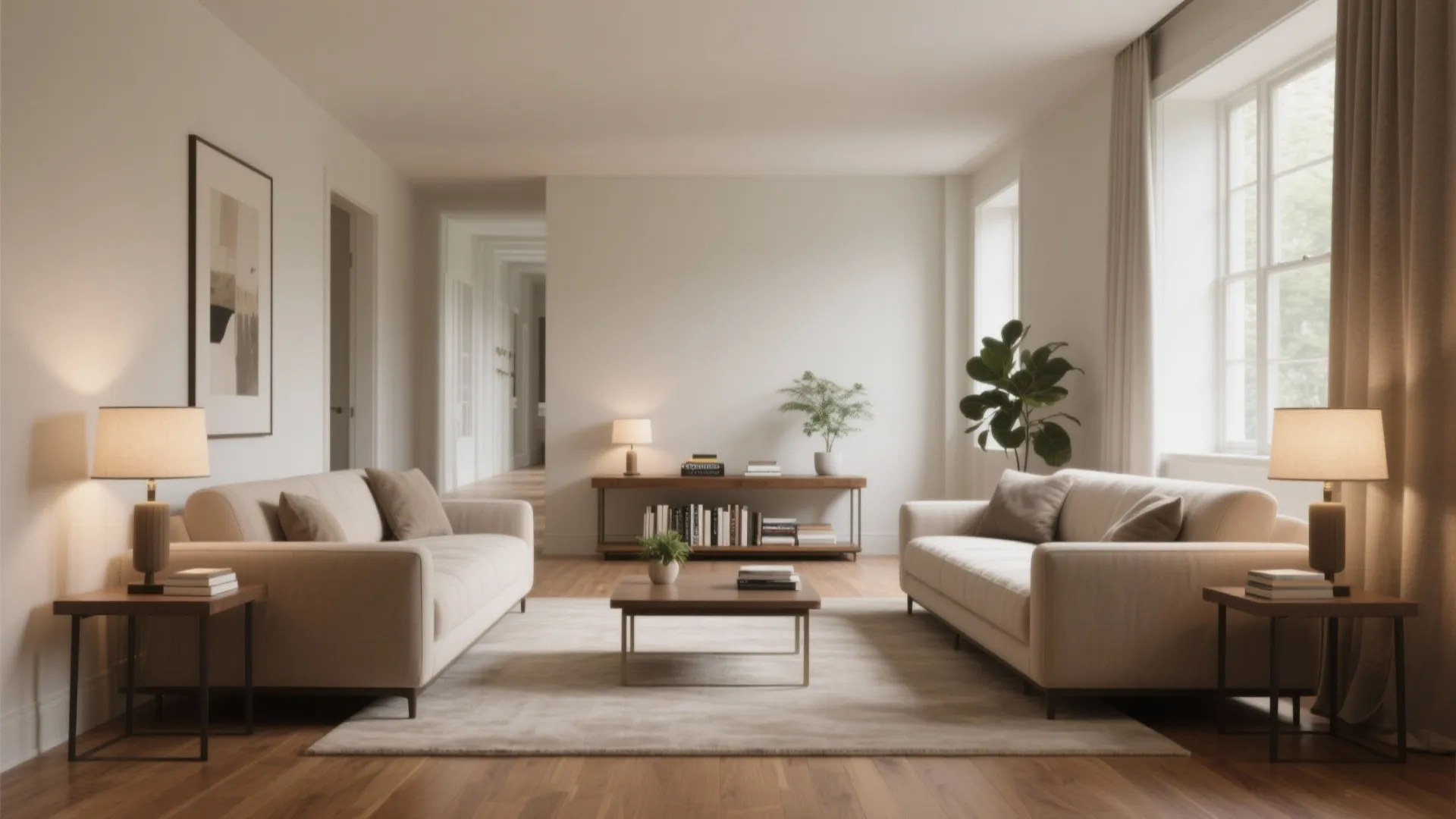 Minimalist living room with two beige sofas wooden coffee table warm table lamps and large windows