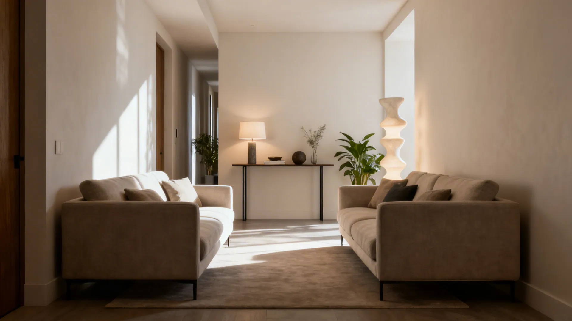 Long narrow living room with parallel sofas and a slim console table behind one sofa