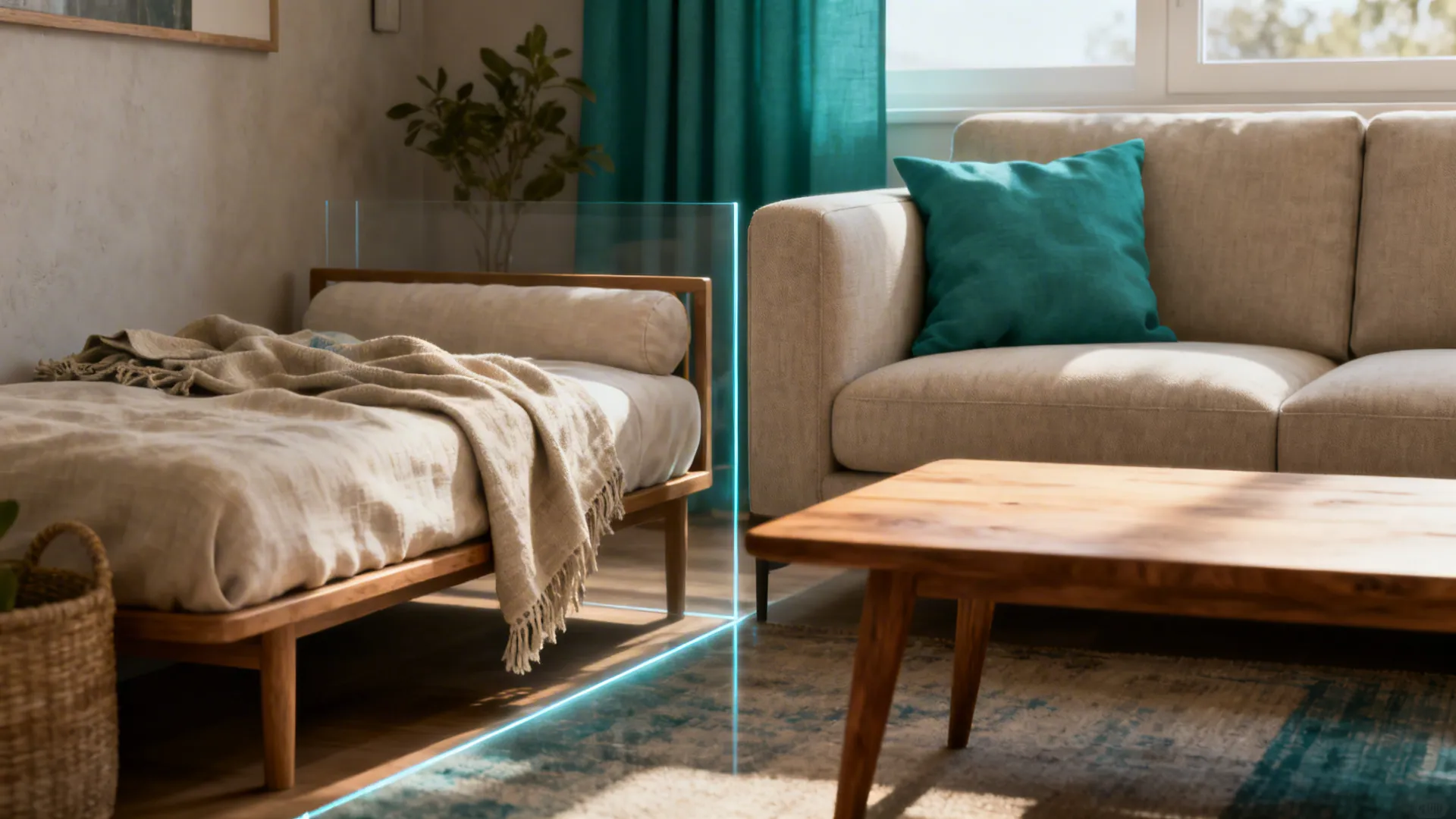 Small bed and sofa separated by blue light line in sunny living room layout view
