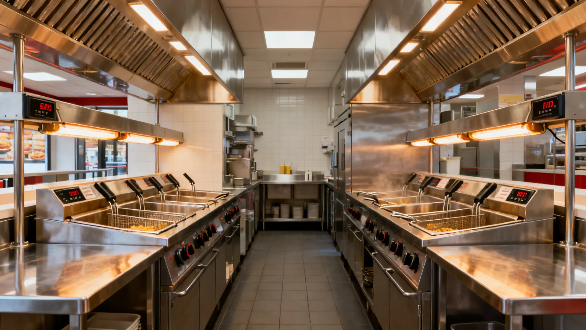 Dual parallel cook lines with split-vat fryers and mirrored stations in a tight aisle.