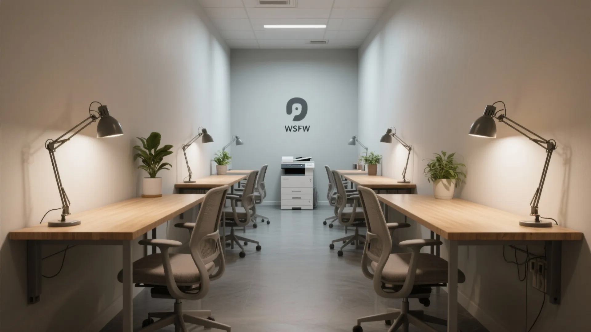 Narrow office room with parallel wooden desks and grey chairs plus desk lamps and plants