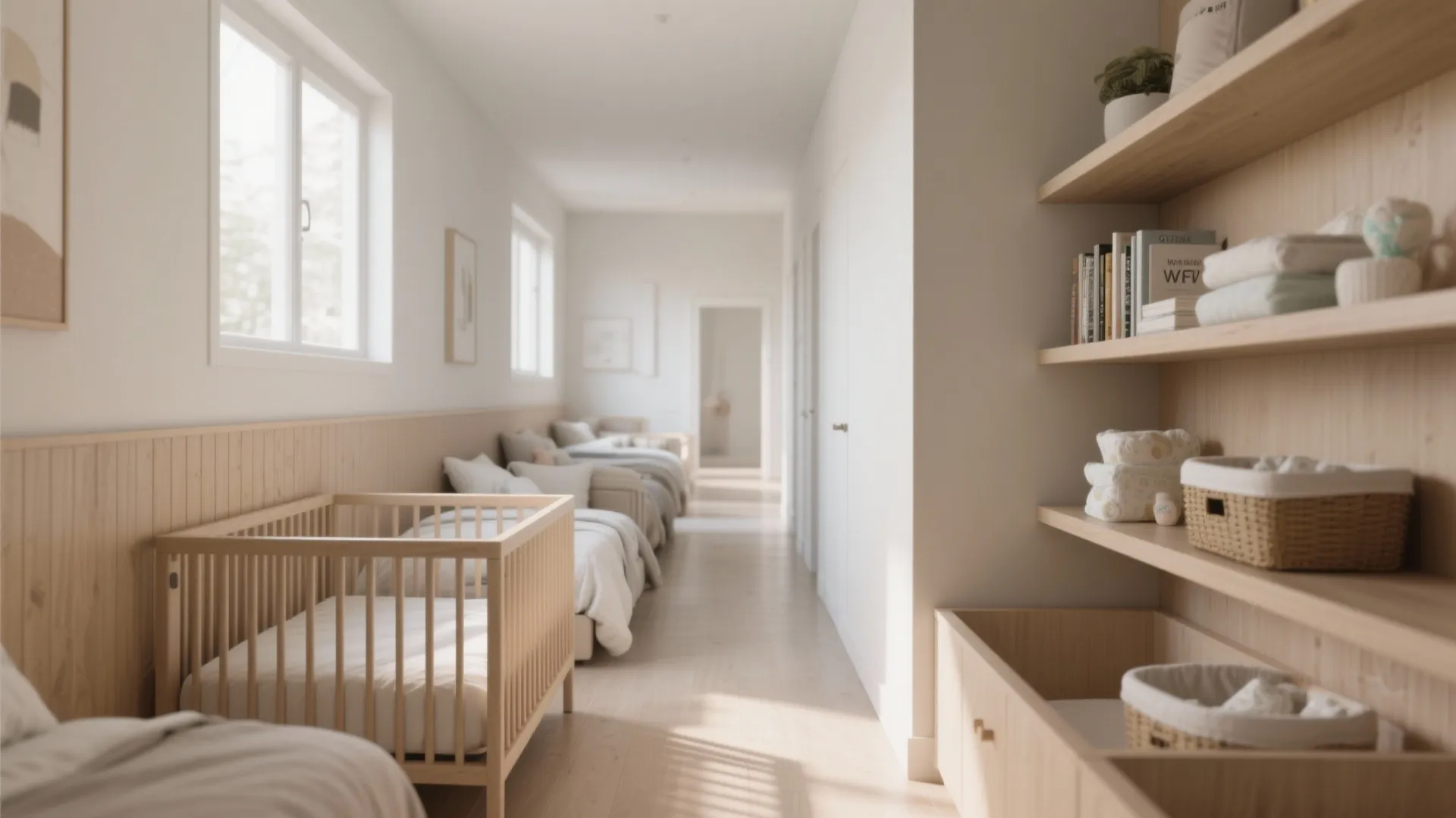 Long narrow nursery room with several baby cribs wooden shelves wall panels and bright windows