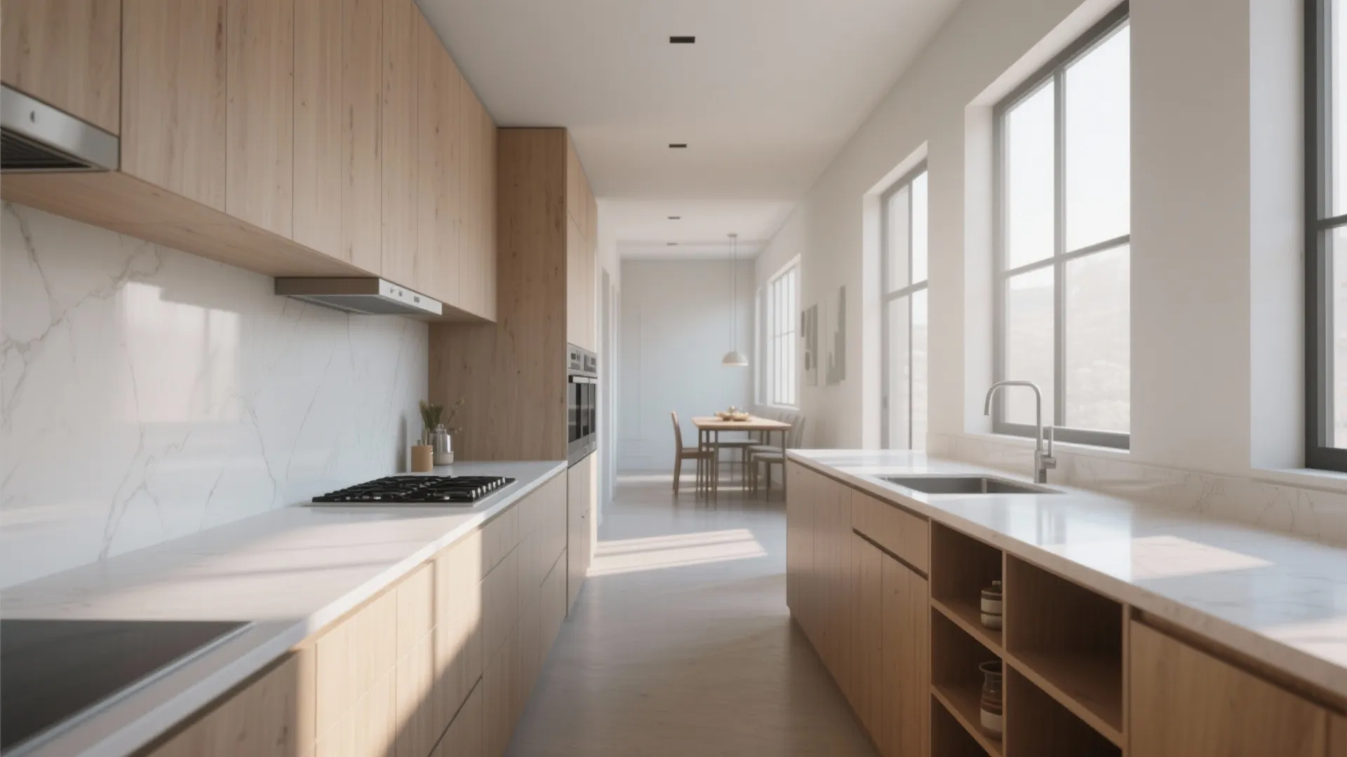 Modern parallel kitchen with light wood cabinets white marble countertops large windows and dining area