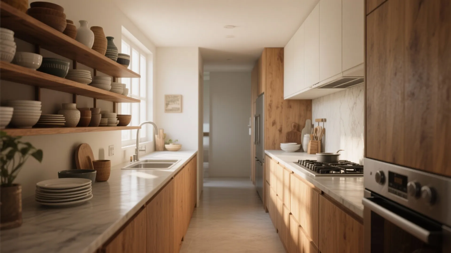 1. Parallel Galley with Open Shelving