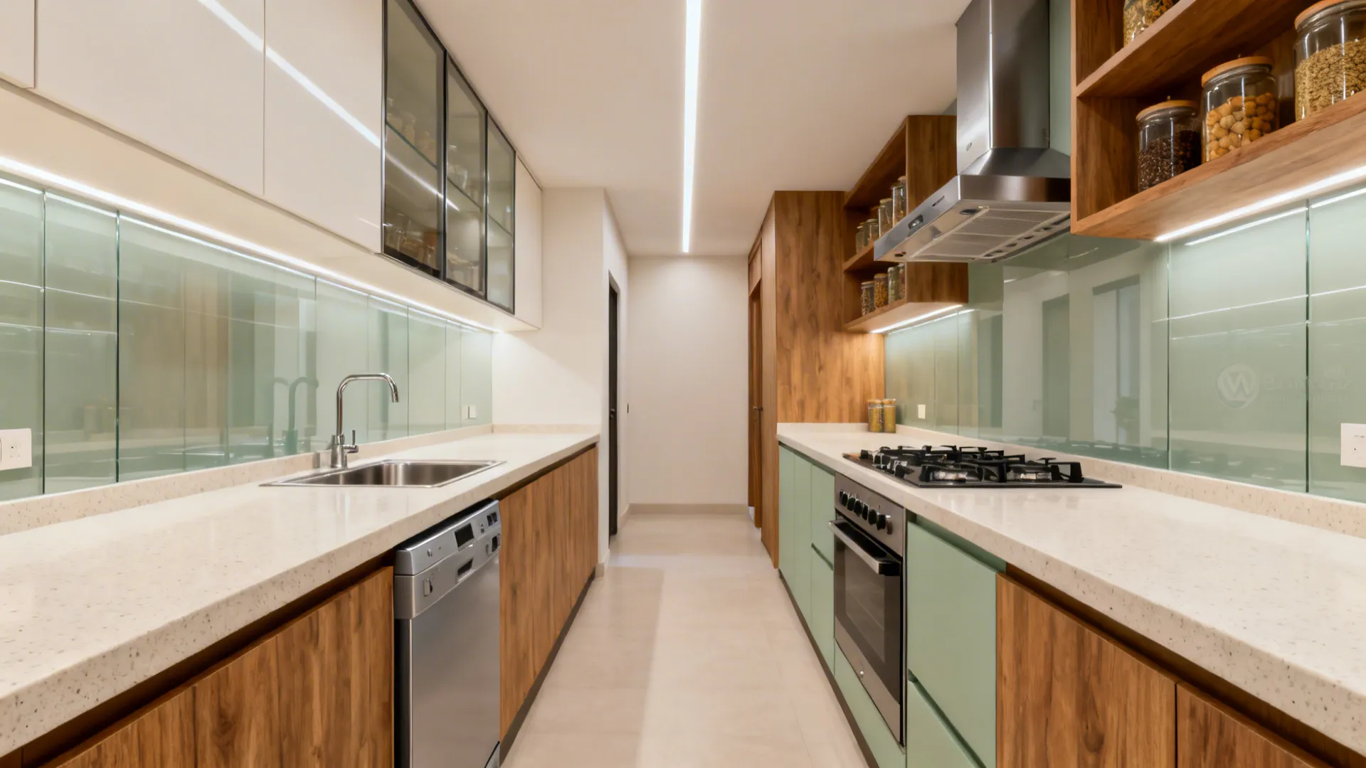 Parallel galley Indian kitchen with 4 ft aisle and glazed uppers for a lighter feel.