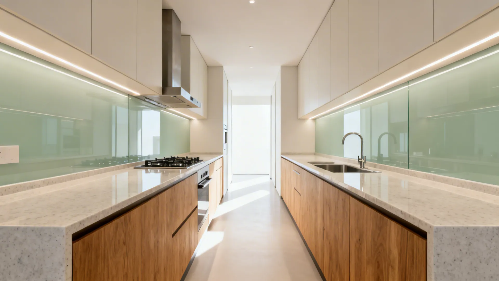 Parallel kitchen with low-iron glass backsplash reflecting light across a narrow aisle.