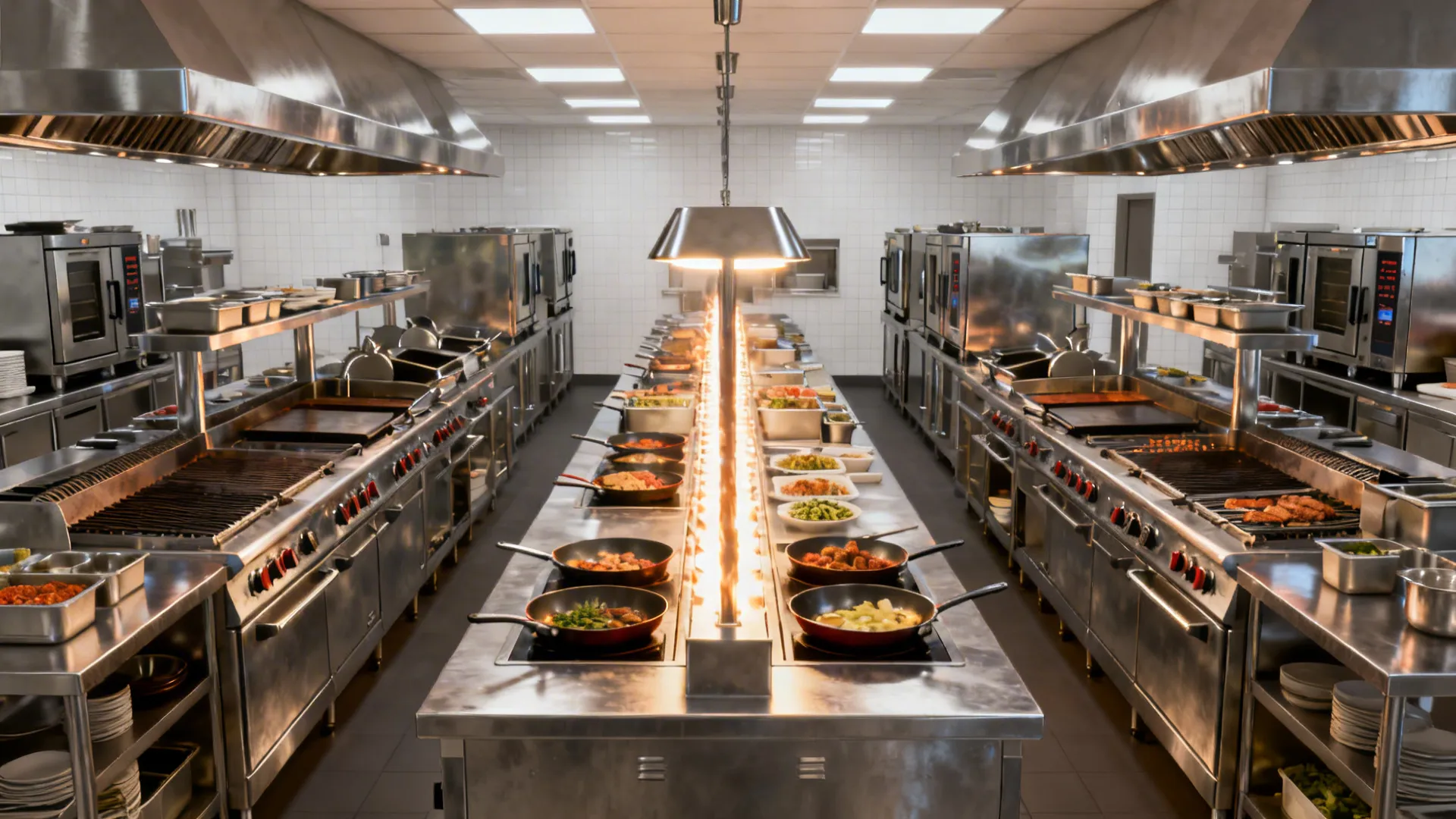 Two parallel hotel kitchen hot lines with mirrored equipment and a shared finishing pass