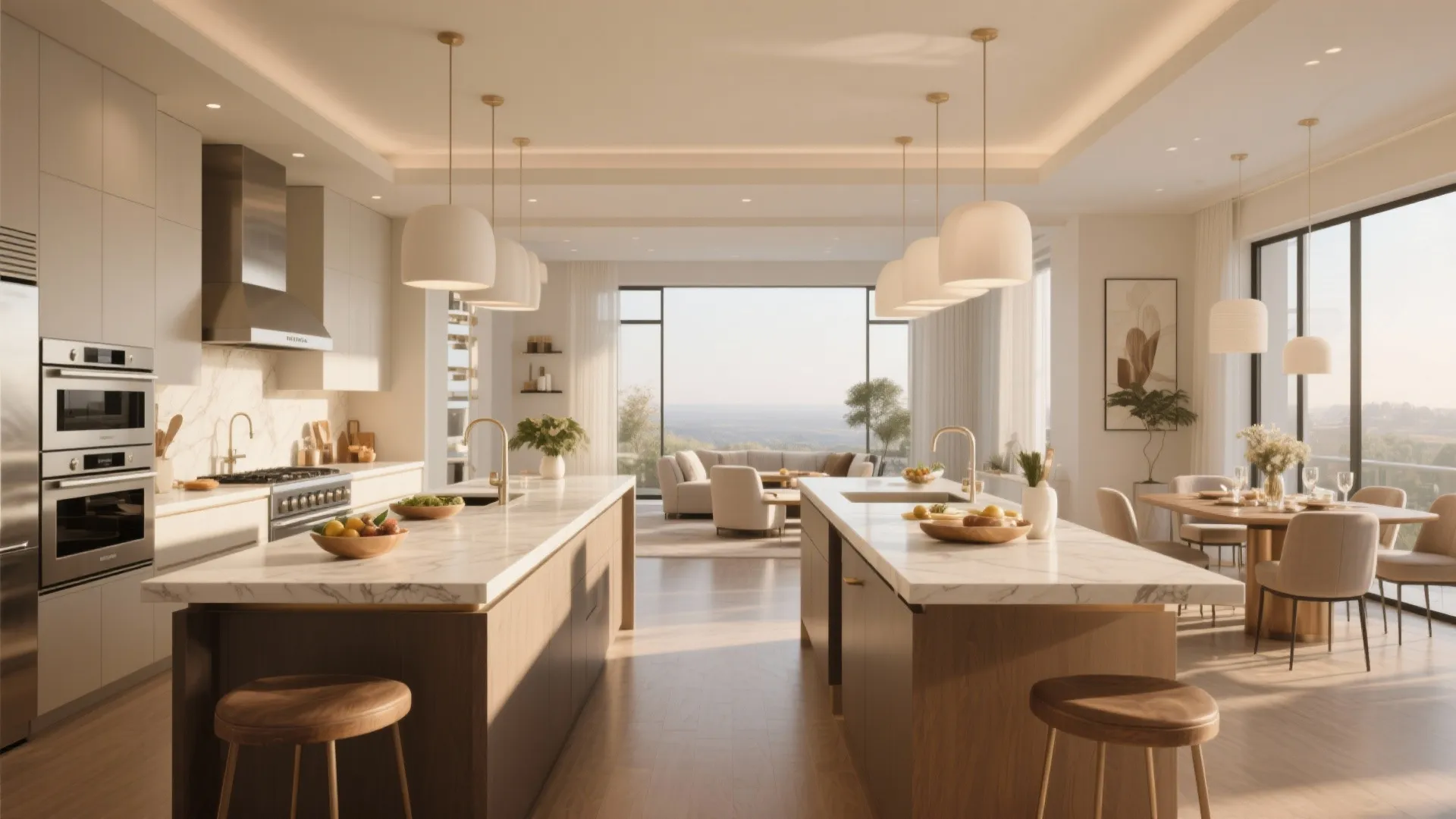 Spacious open kitchen with two parallel marble islands, white ceiling lights, and wooden dining area