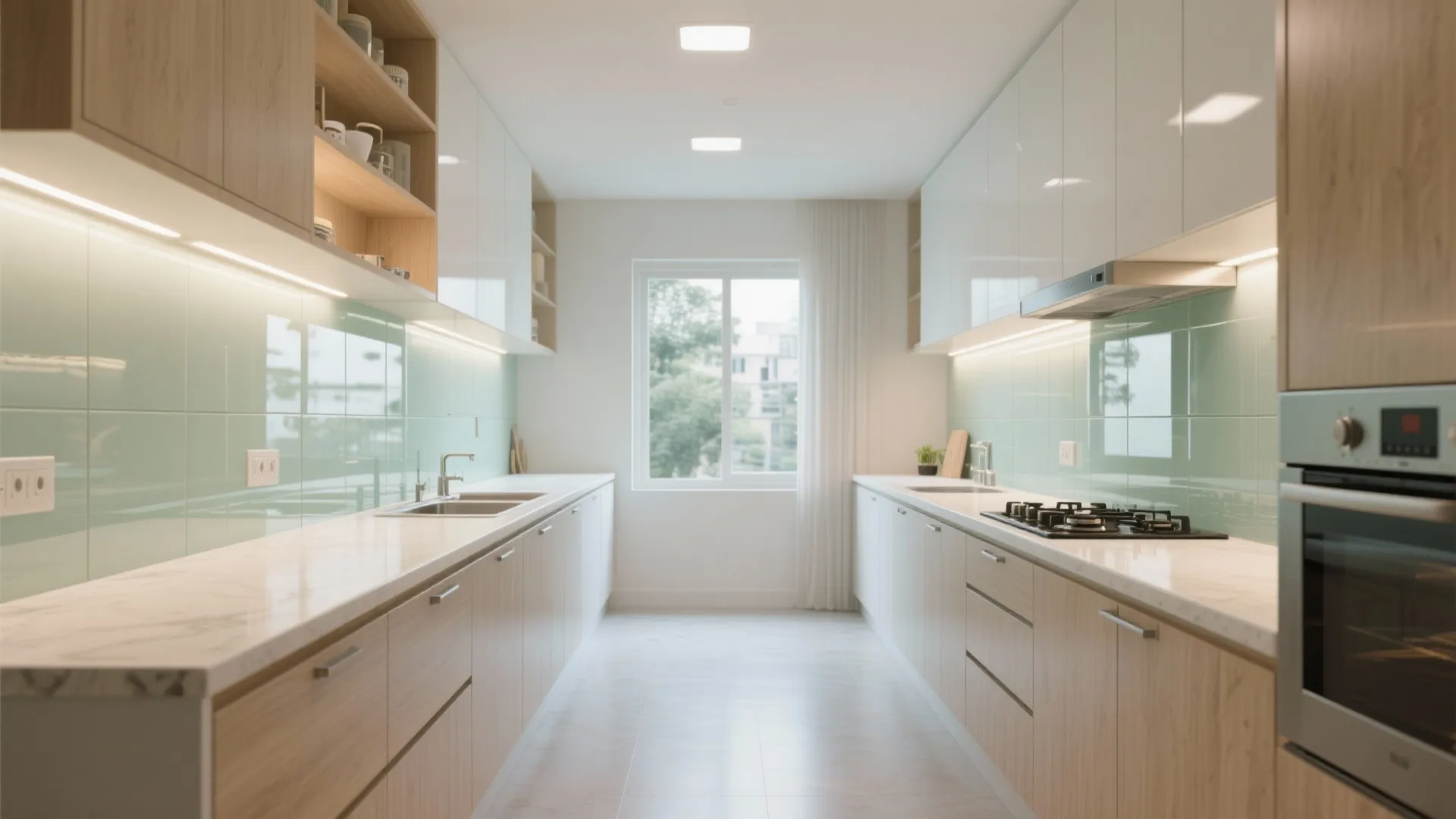Parallel kitchen with a glass backsplash
