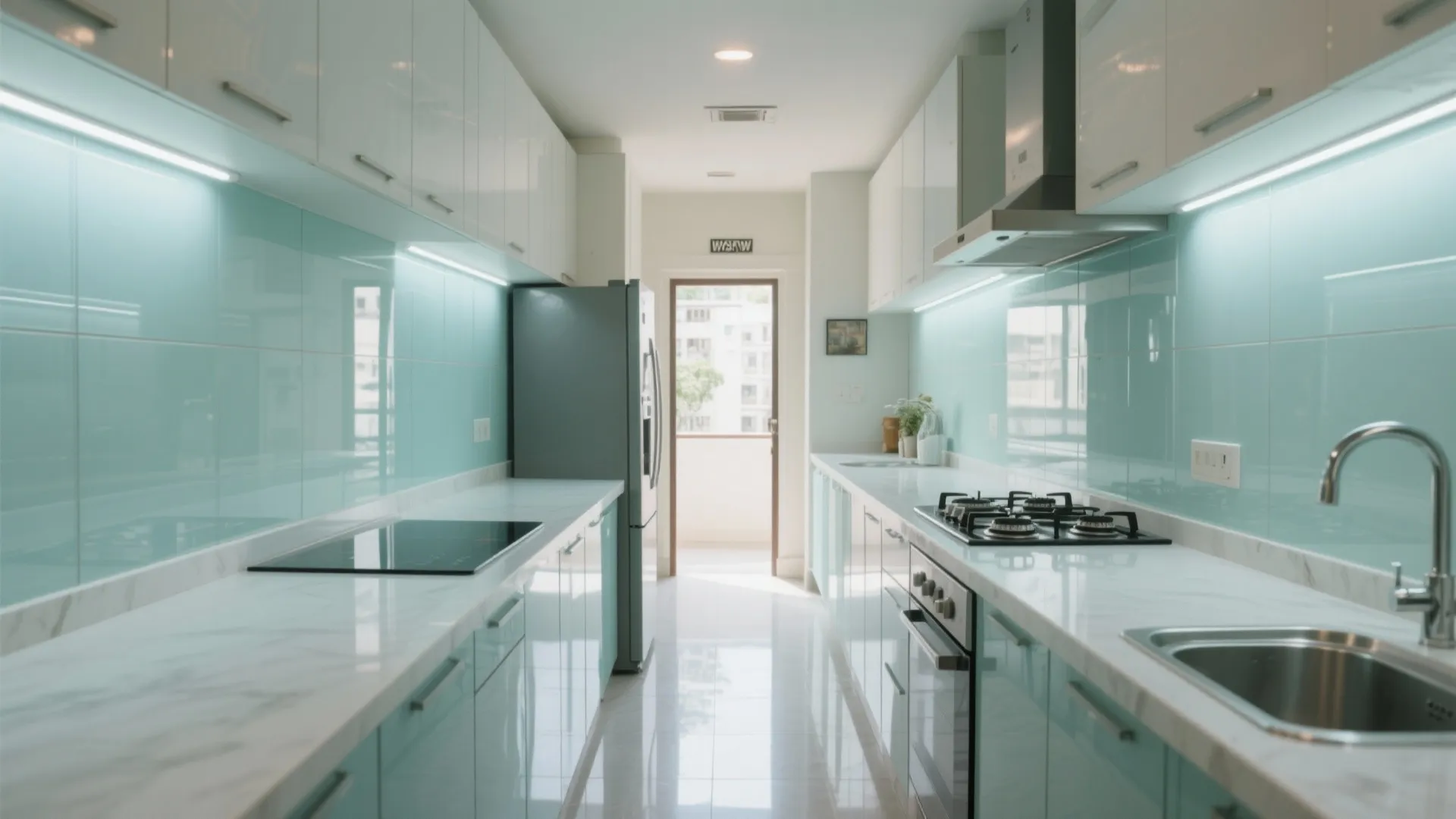 Parallel Kitchen With a Light-Reflecting Glass Backsplash