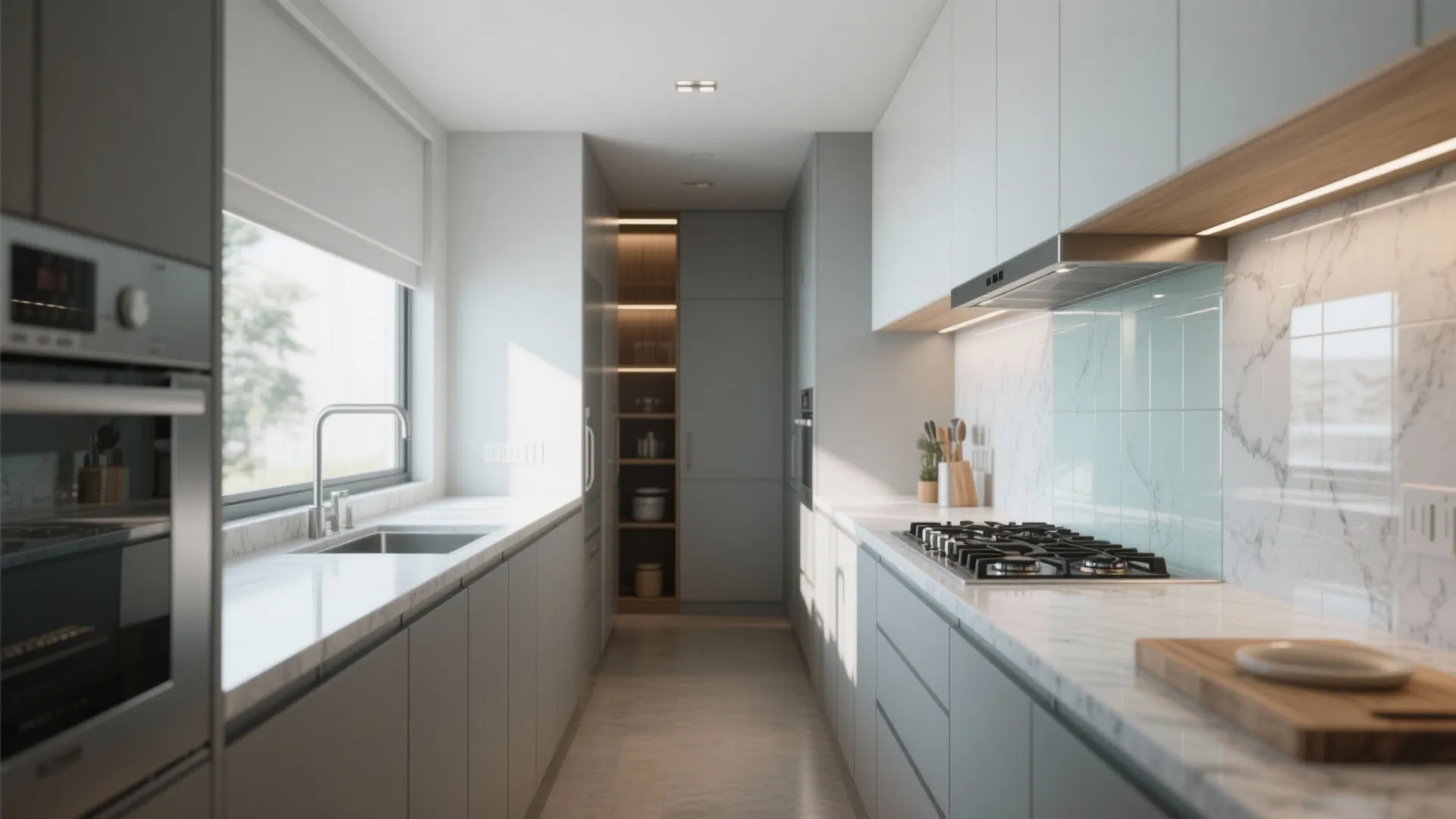Parallel Modular Kitchen with a Glass Backsplash