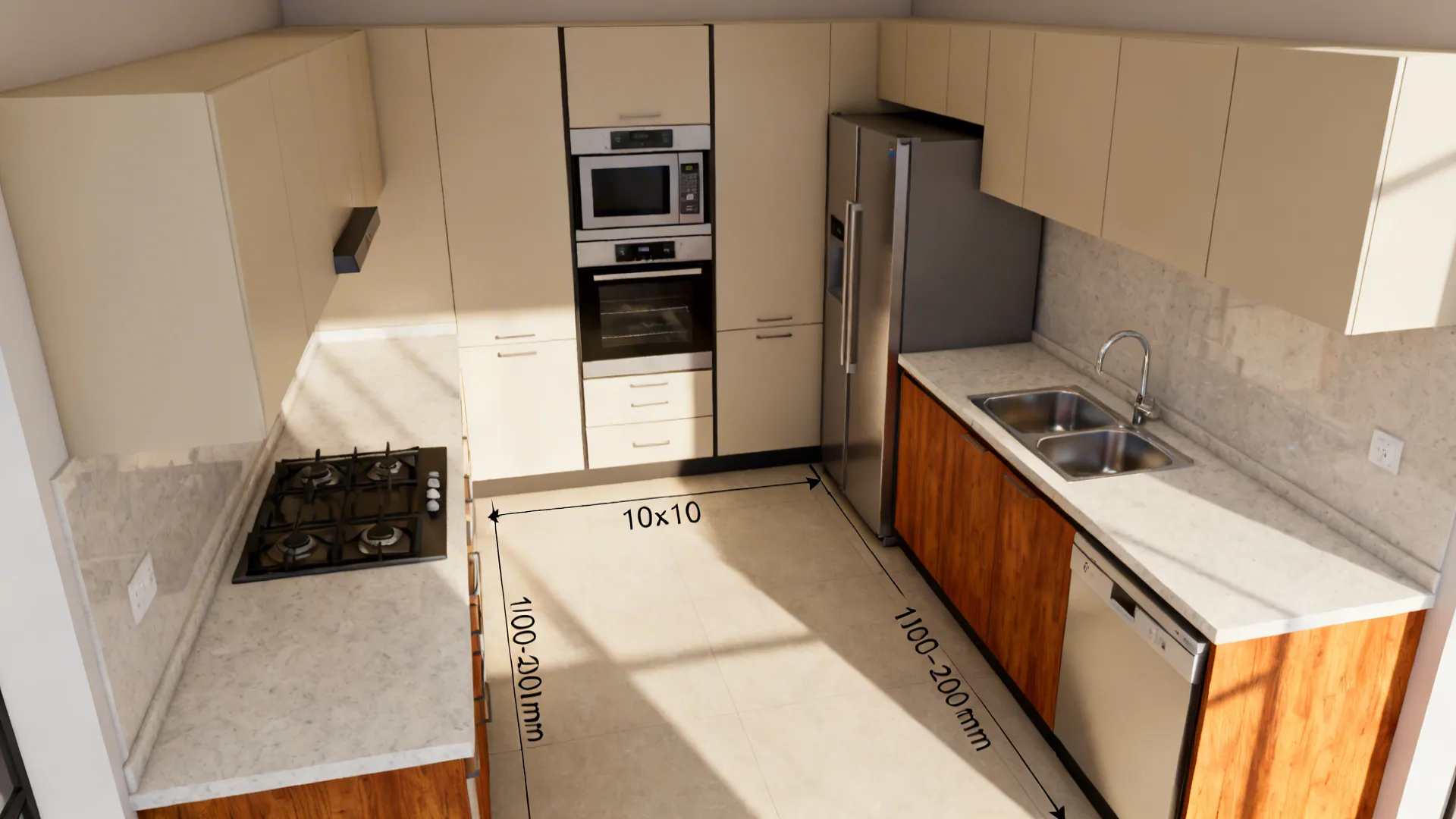 Top-down view of a parallel 10x10 kitchen with balanced aisle and clear work triangle.