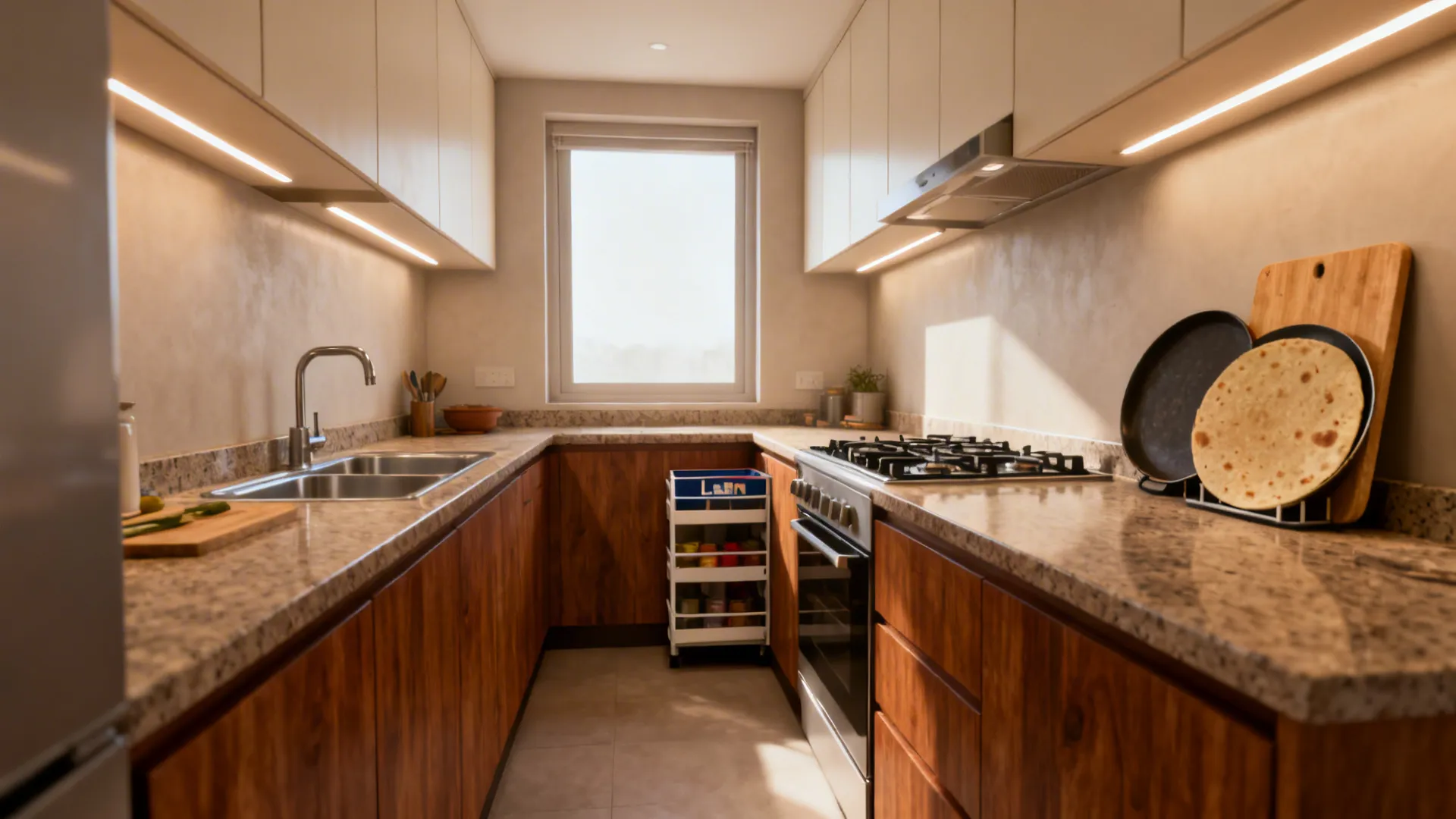 Compact galley kitchen with parallel counters, warm wood lowers, and efficient work zones lit by a window.
