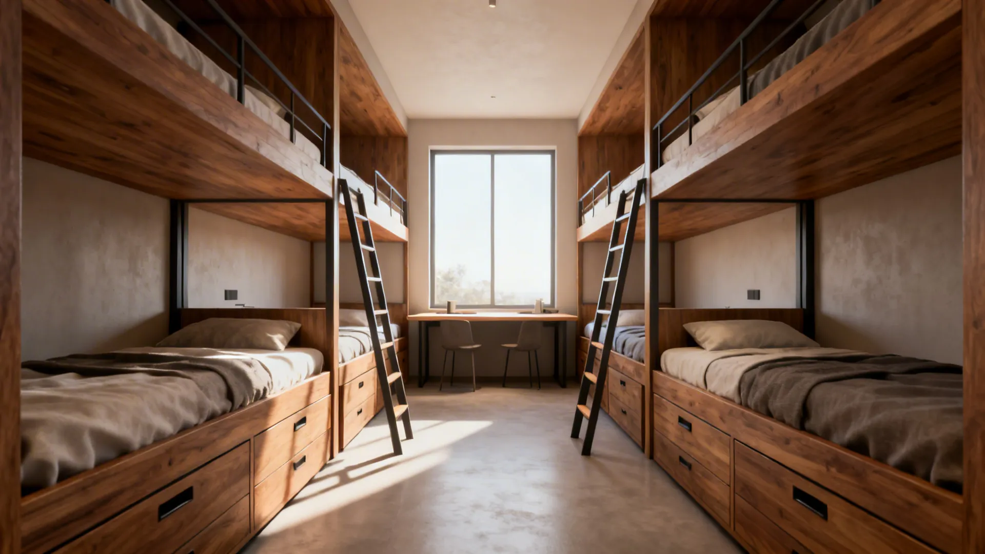 Rectangular room with parallel loft beds and a central walkway, matching under-bed storage and shared desk.