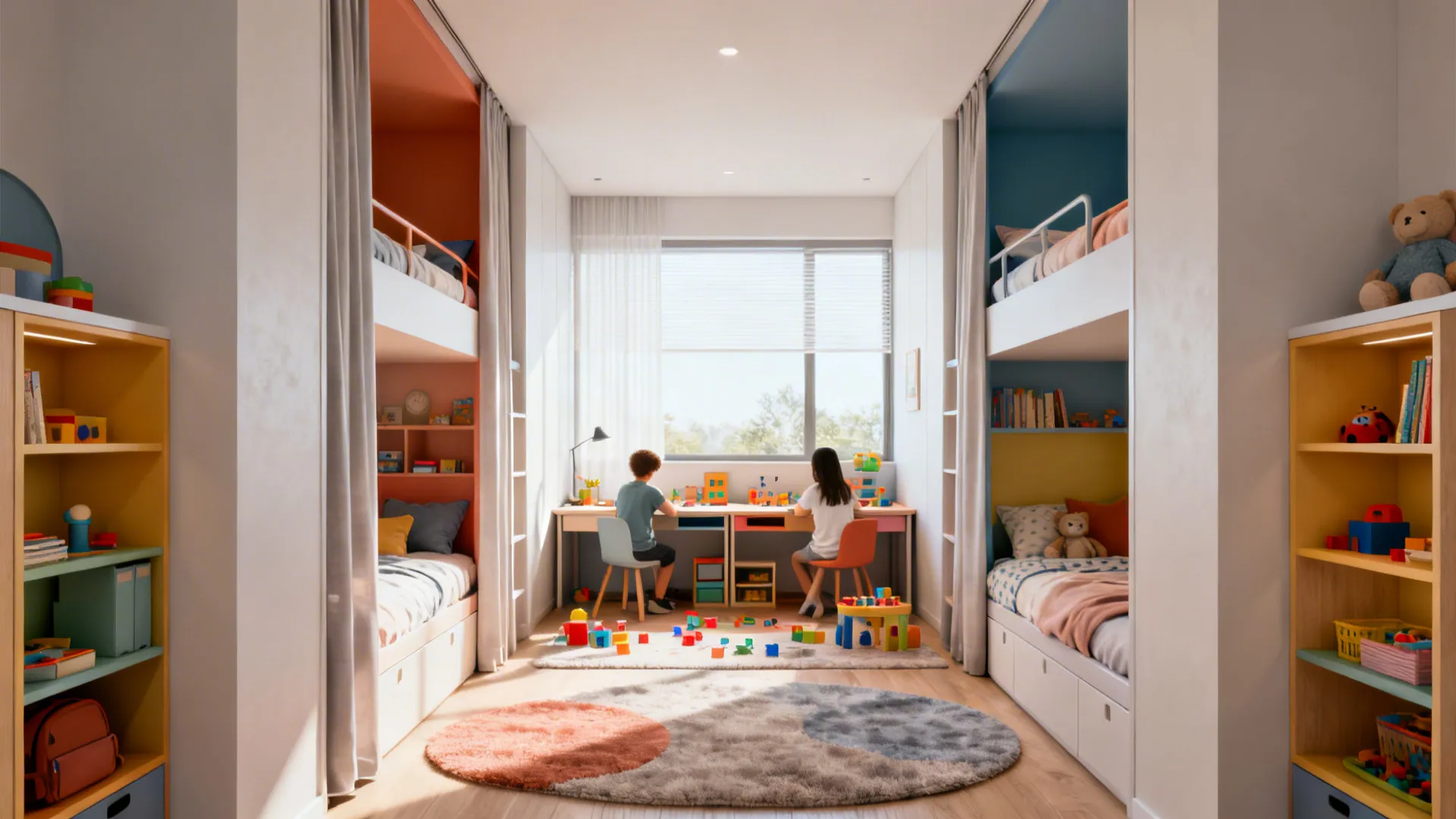 Kids bedroom with two bunk beds colorful curtains desk for two children window and rug